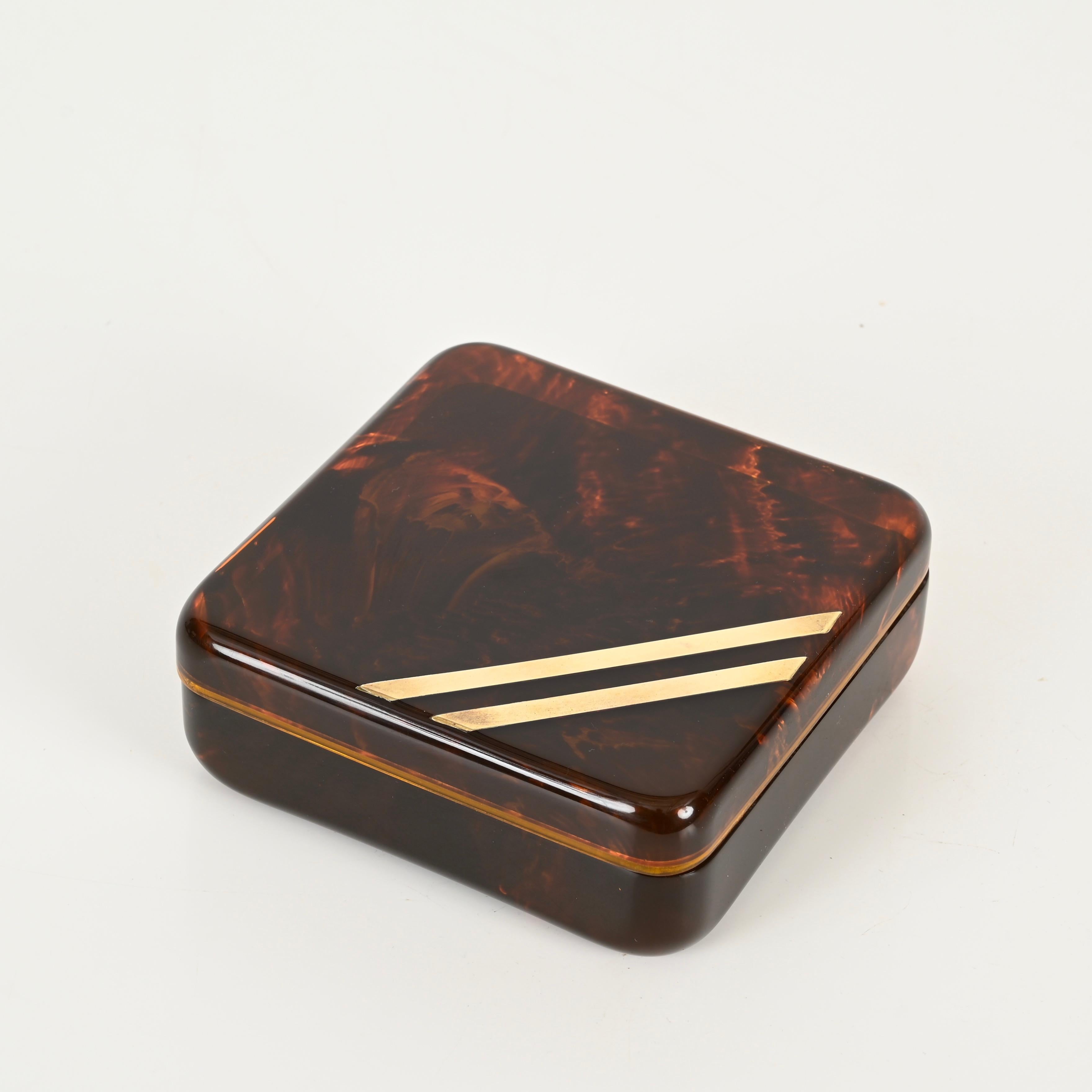 Mid-Century Modern Christian Dior Midcentury Lucite Tortoiseshell Effect and Brass Jewelry Box 1970 For Sale
