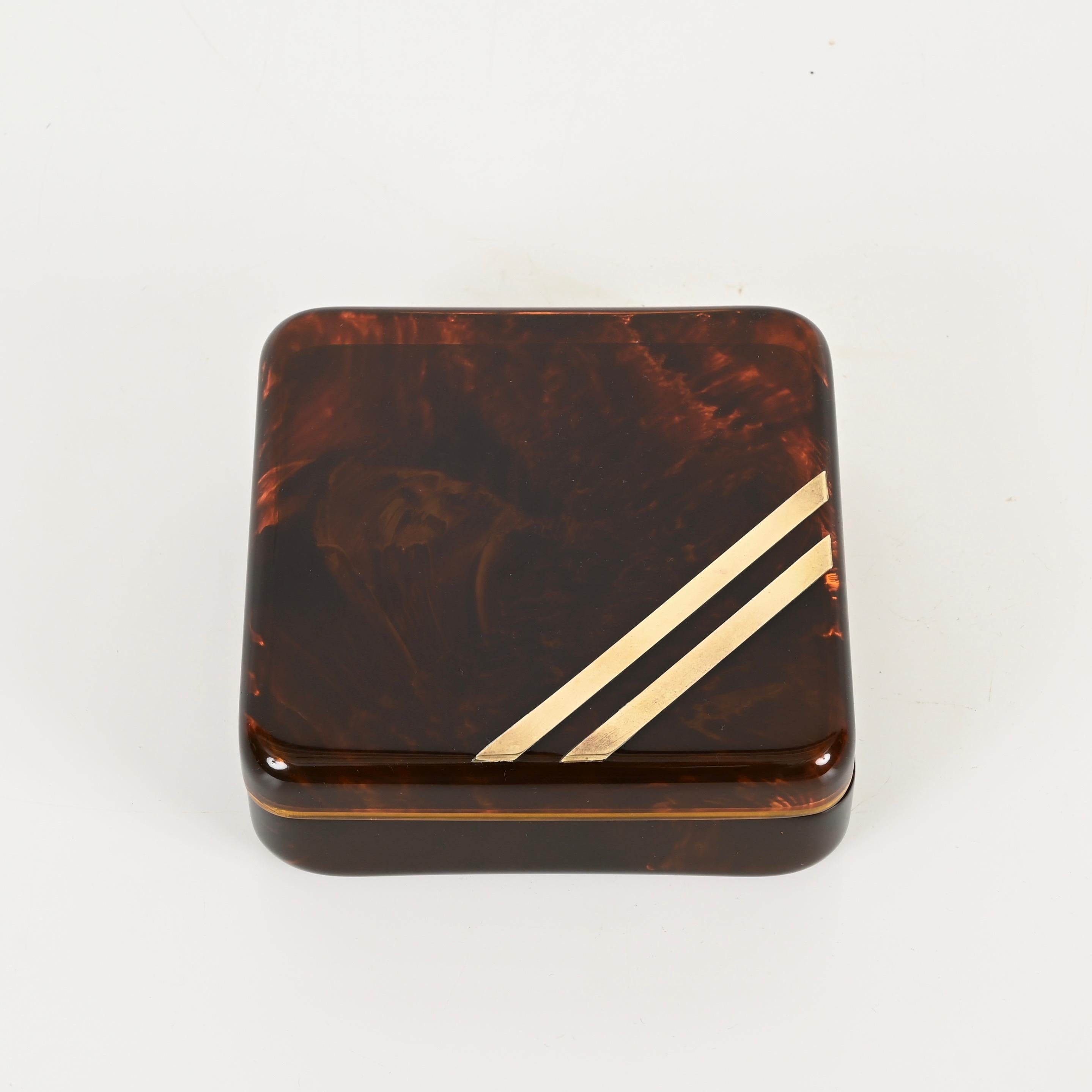 Hand-Crafted Christian Dior Midcentury Lucite Tortoiseshell Effect and Brass Jewelry Box 1970 For Sale