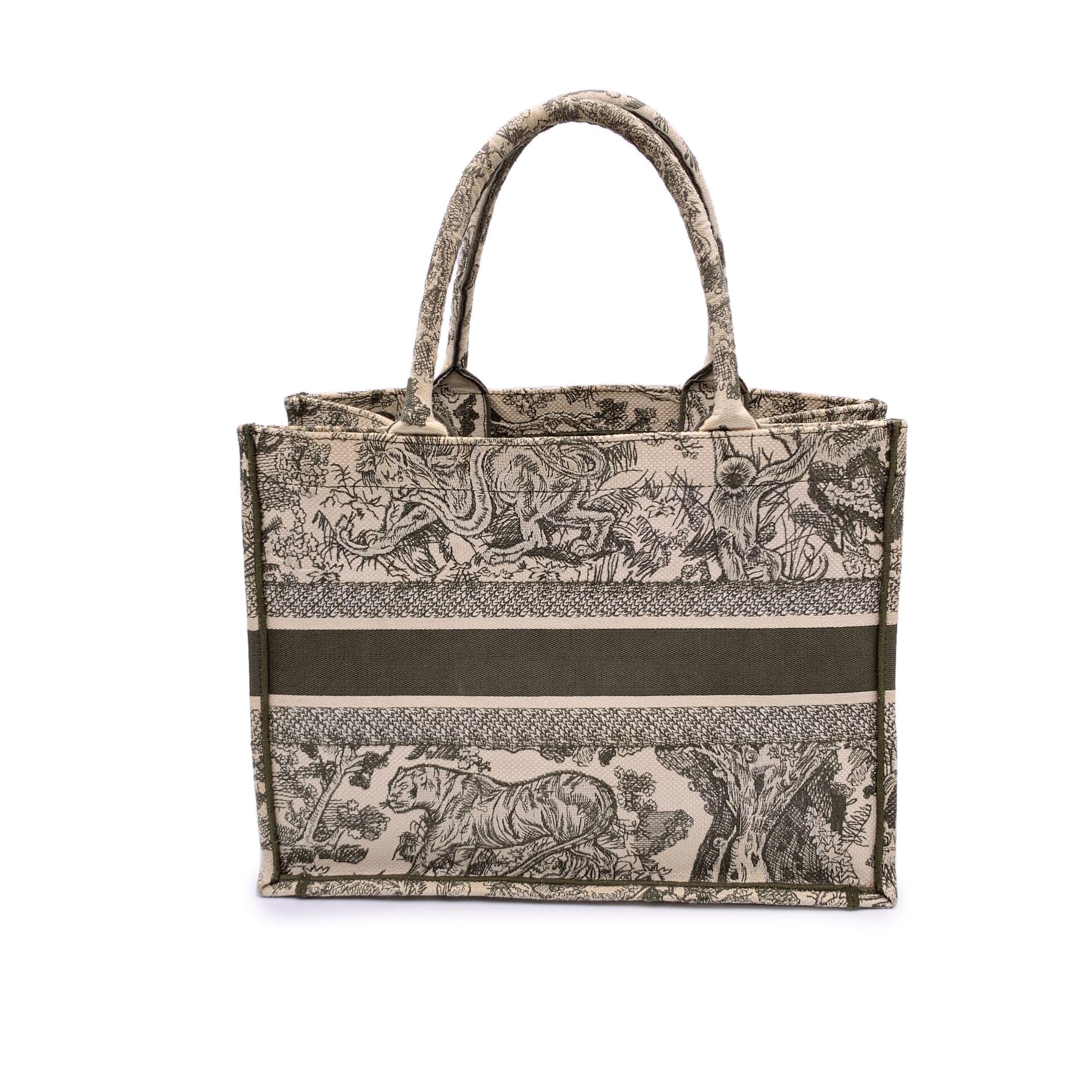 Gray Christian Dior Military Green Toile De Jouy Medium Book Tote Bag