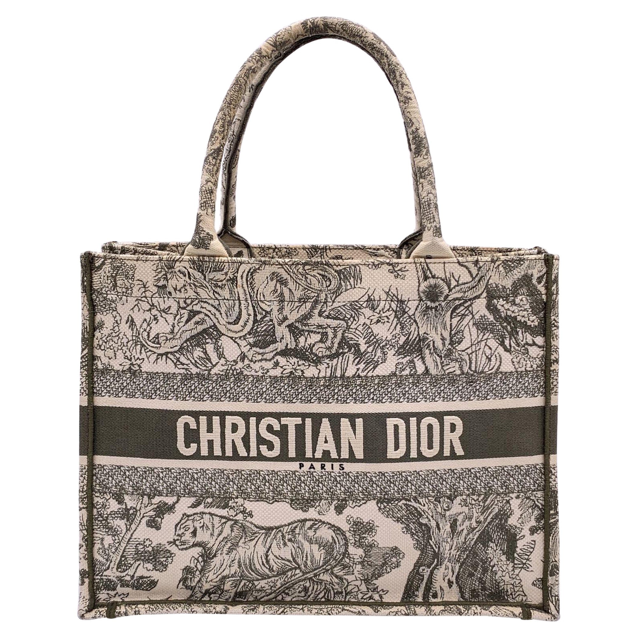 Christian Dior Military Green Toile De Jouy Medium Book Tote Bag