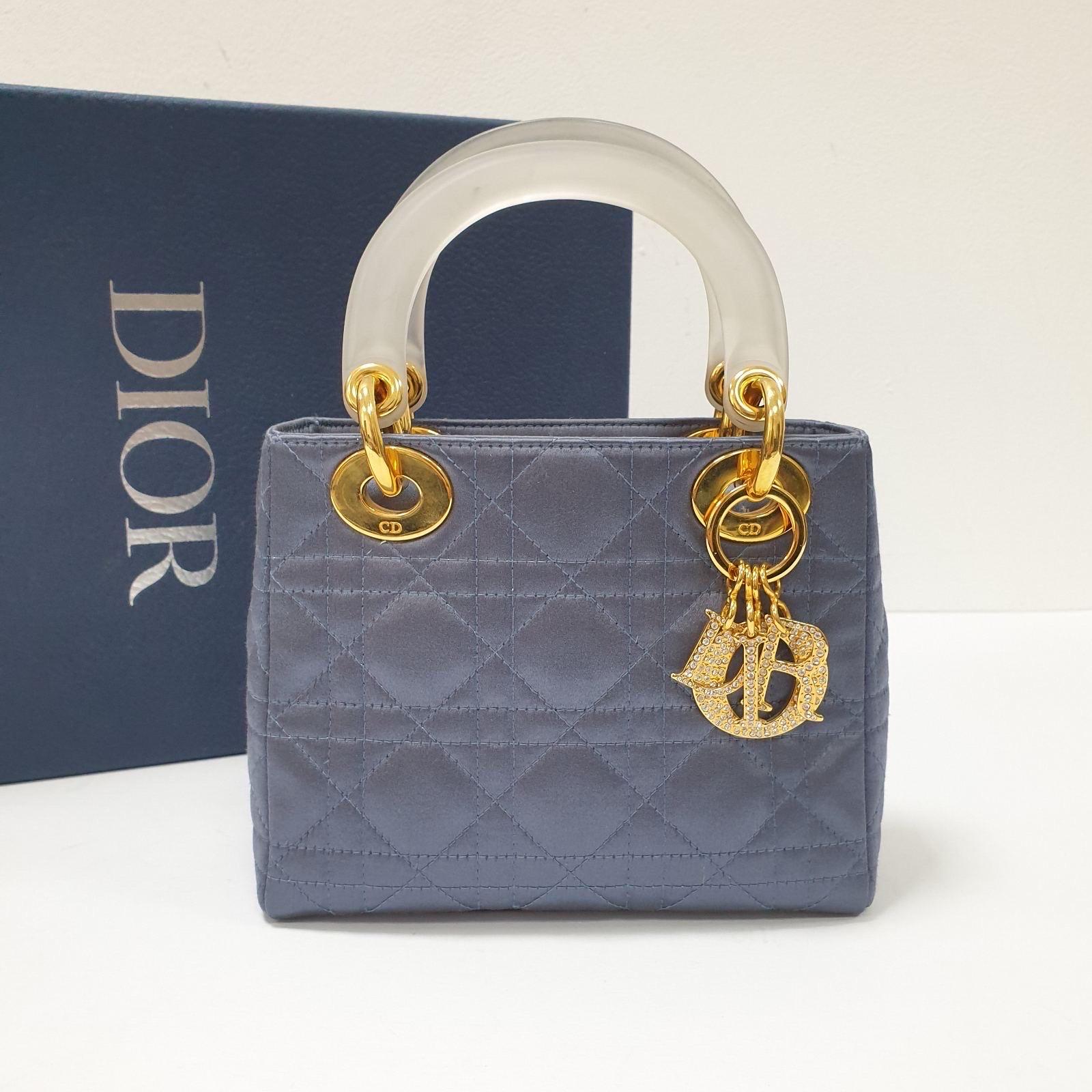 Women's Christian Dior Mini Lady Dior  Blue Gray Satin Handbag