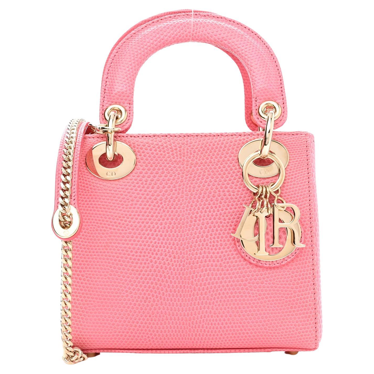 CHRISTIAN DIOR Mini Lady Dior Pink Exotic Lizard  Gold Top Handle Shoulder Bag