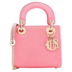 Used CHRISTIAN DIOR Mini Lady Dior Pink Exotic Lizard  Gold Top Handle Shoulder Bag
