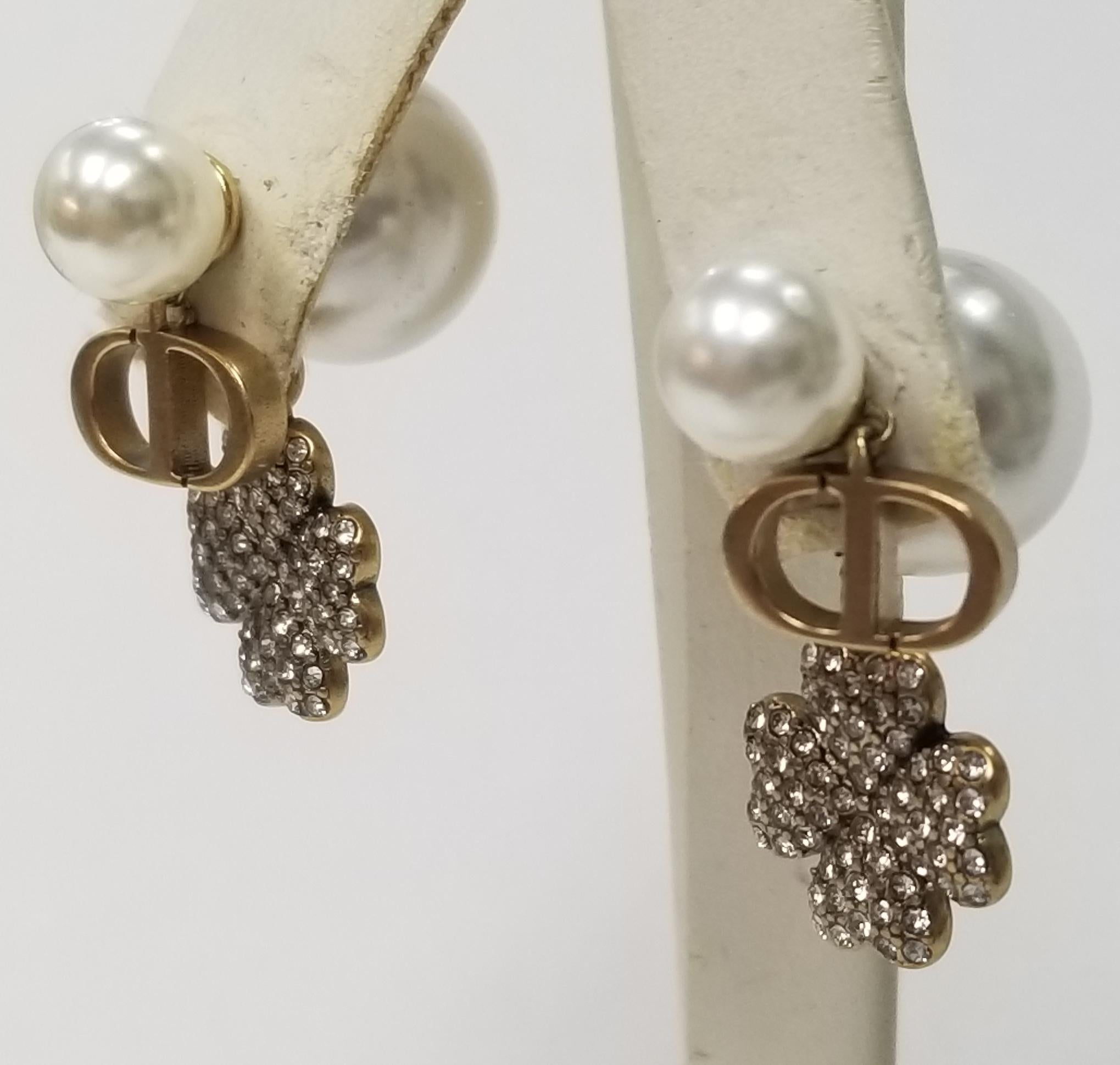 Christian Dior Mise En Dior Tribal Crystal Clover and Faux Pearl Earrings For Sale at 1stDibs