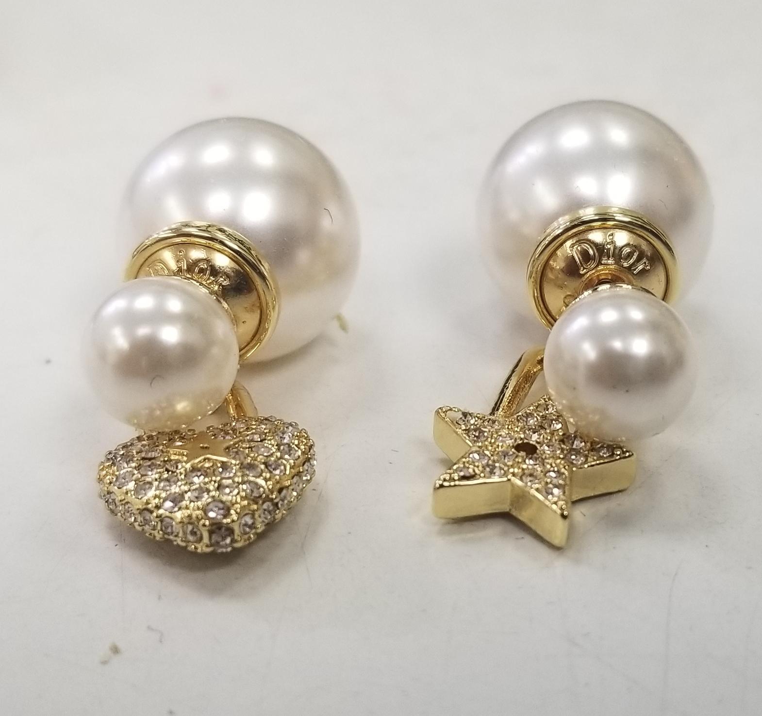 Modern Christian Dior Mise En Dior Tribal Crystal Clover, Star and Faux Pearl Earrings