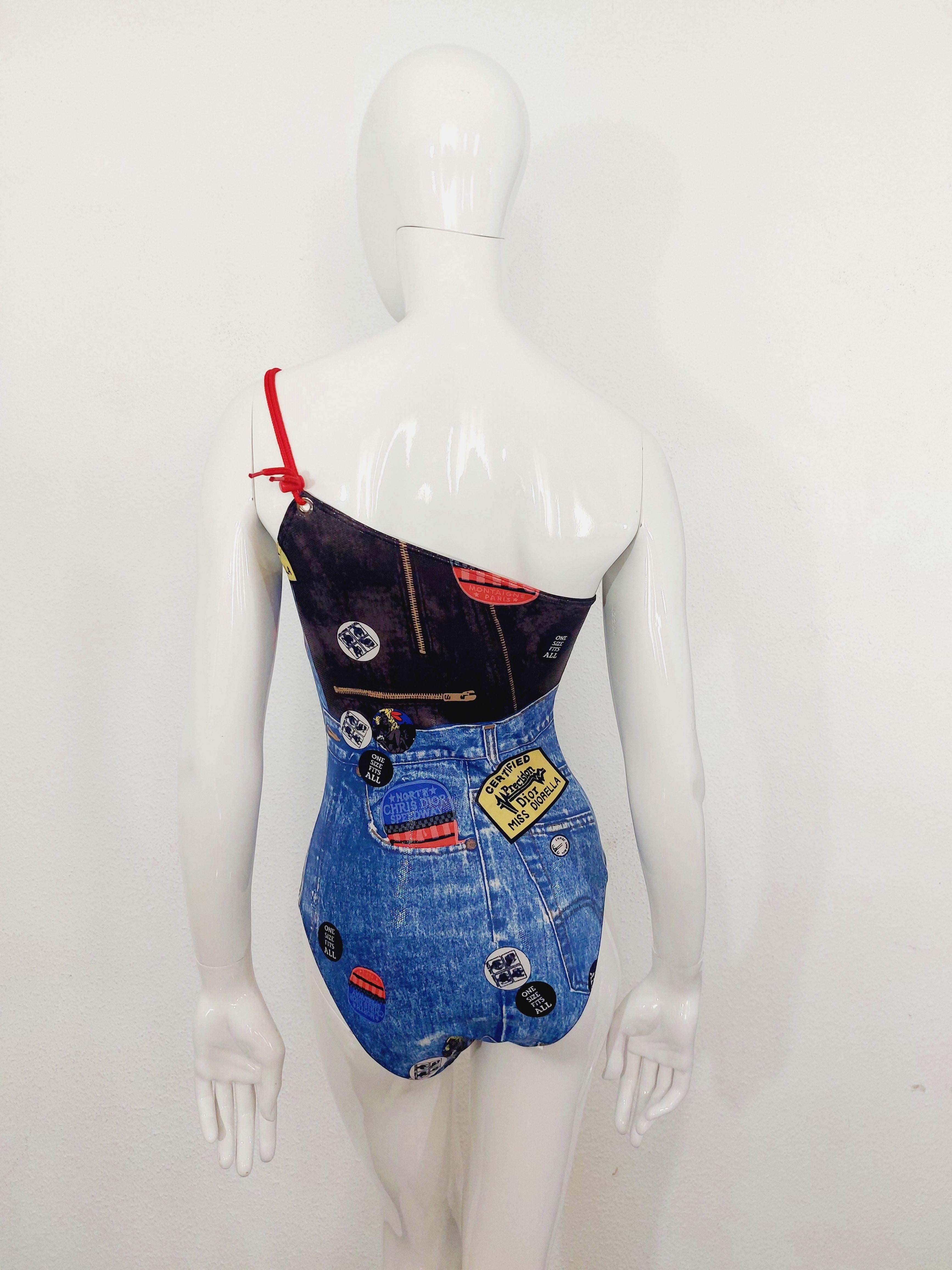 Christian Dior Miss Diorella Trompe L'oeil Shiny Wet Look Jeans Stamp Swimsuit In New Condition For Sale In PARIS, FR