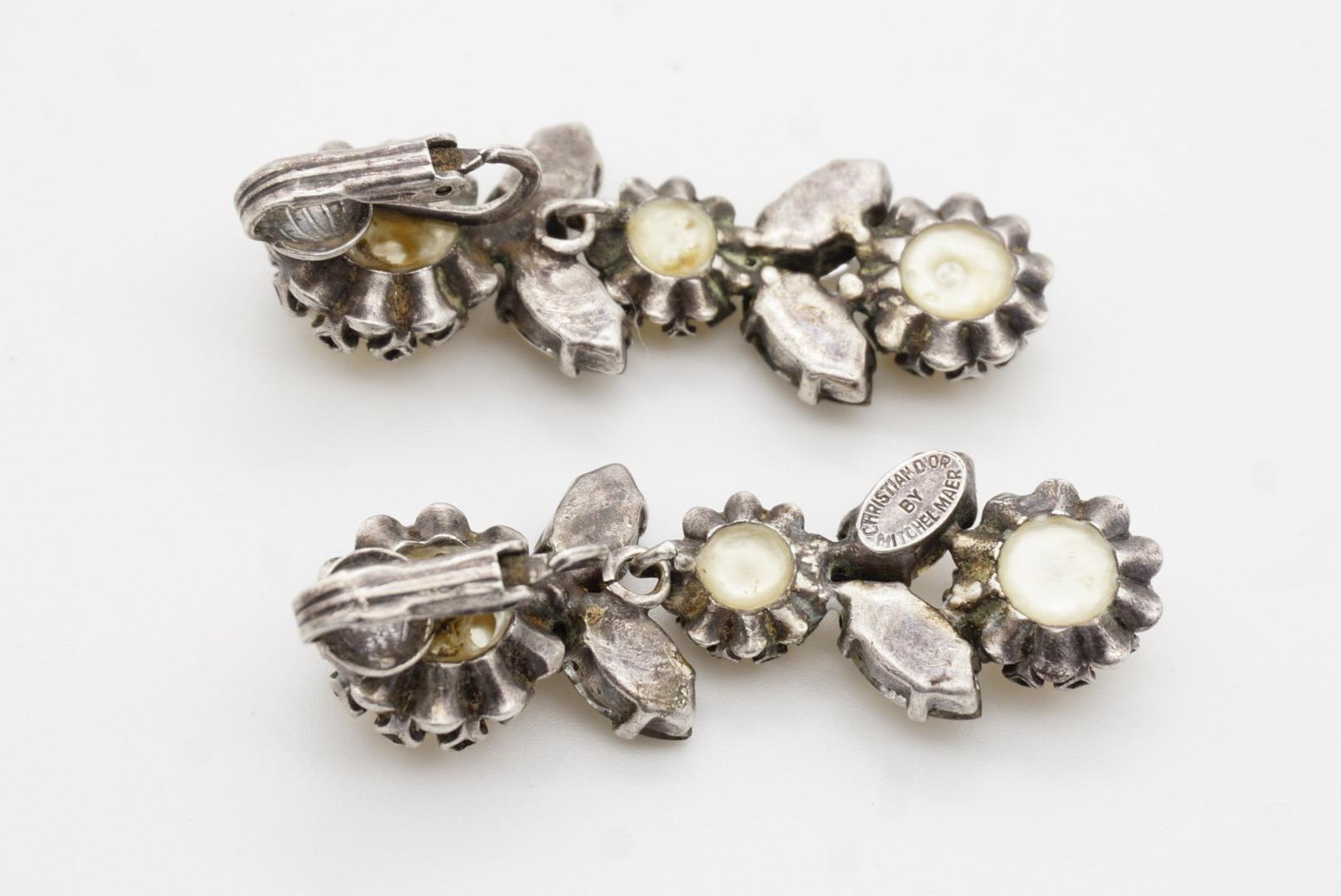 Christian Dior Mitchel Maer 1950 Pearls Crystals Flower Leaf Long Drop Earrings For Sale 6