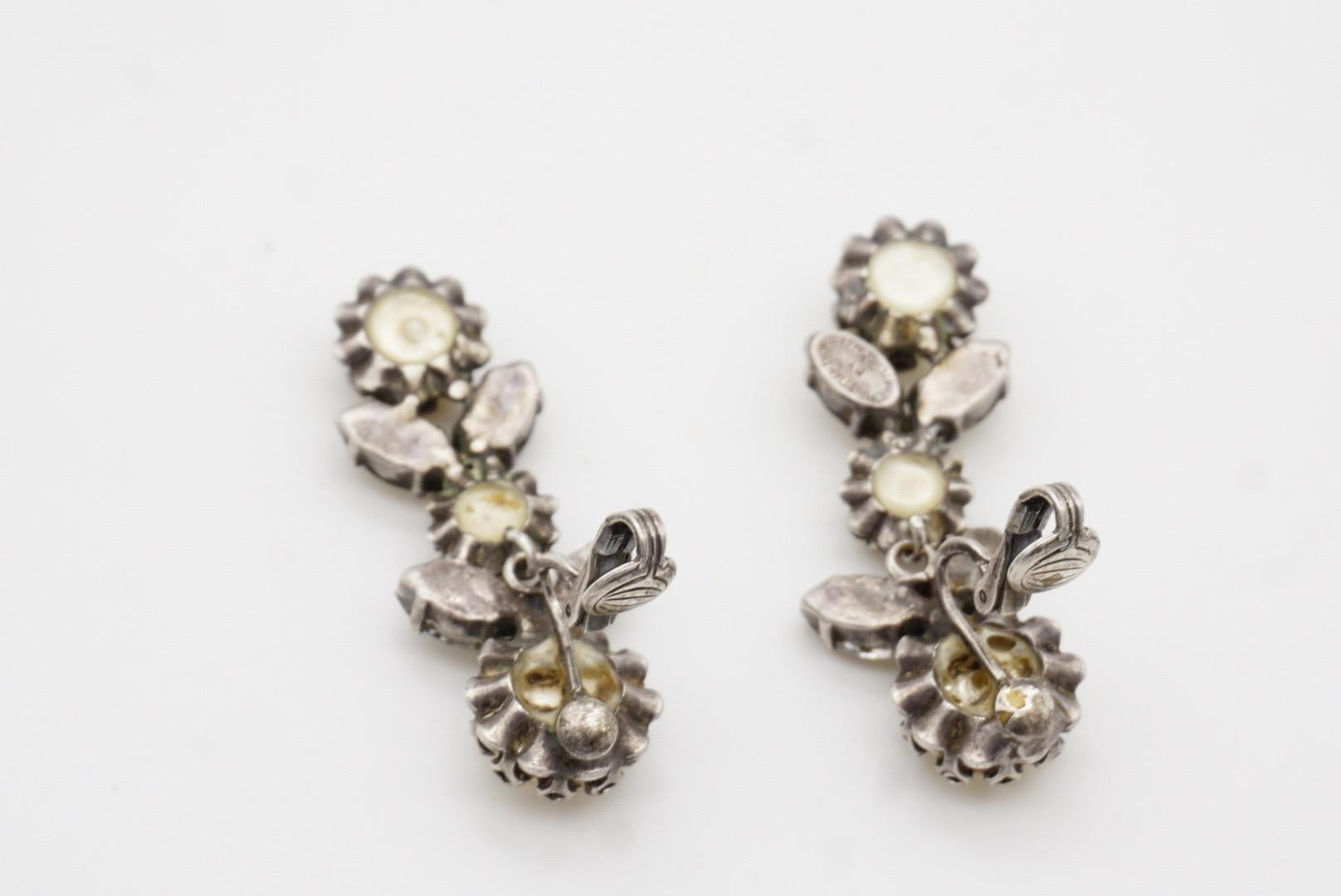 Christian Dior Mitchel Maer 1950 Pearls Crystals Flower Leaf Long Drop Earrings For Sale 7