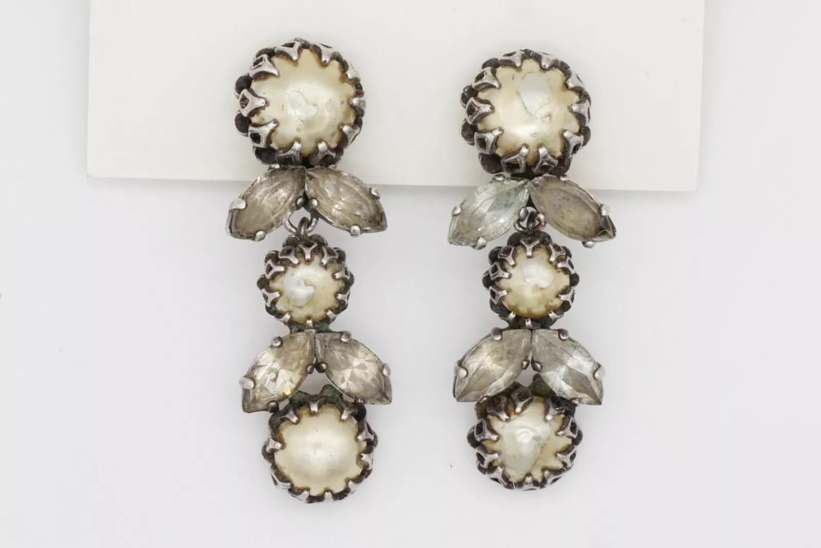 Christian Dior Mitchel Maer 1950 Pearls Crystals Flower Leaf Long Drop Earrings For Sale 9