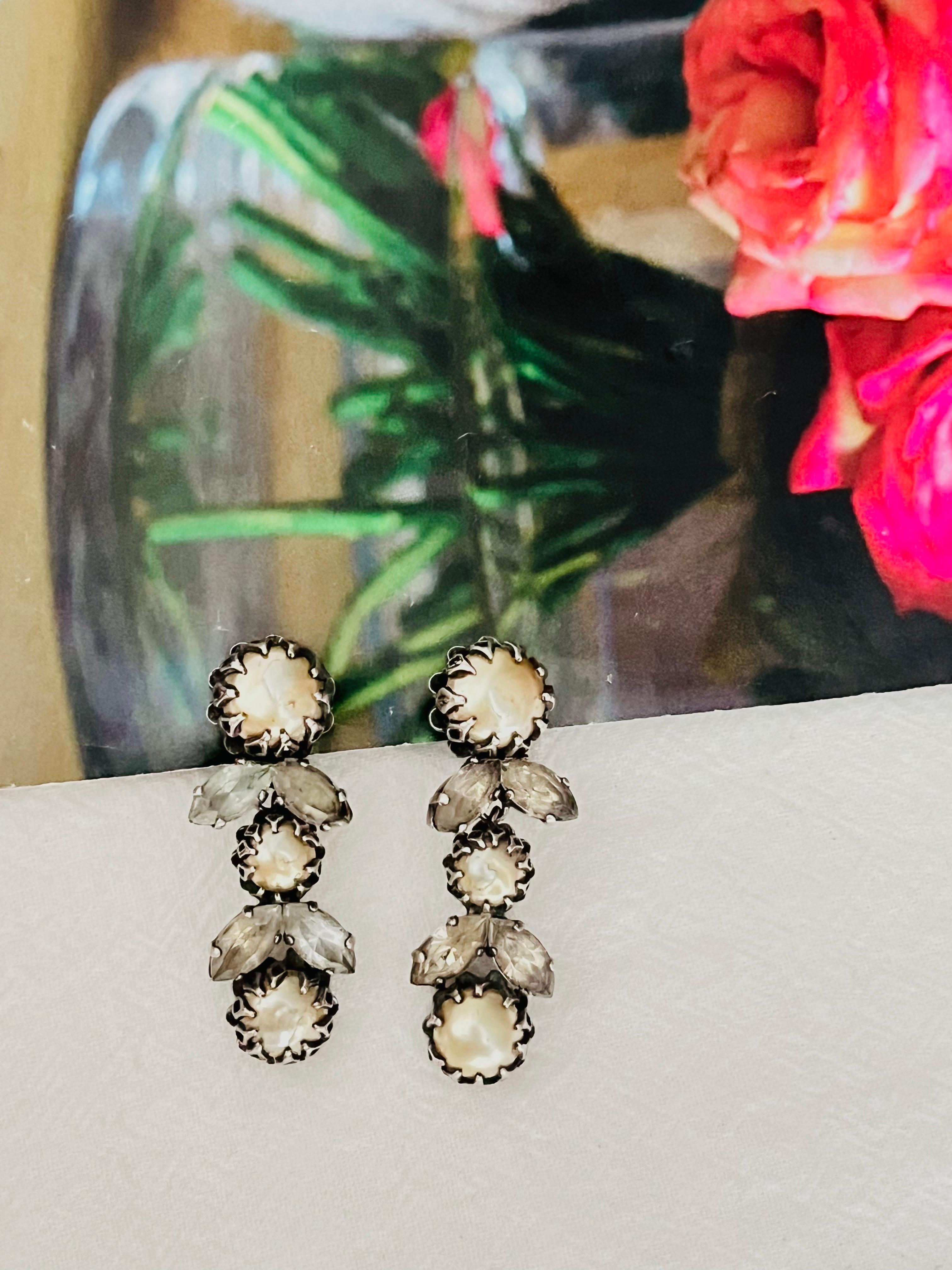 Art Deco Christian Dior Mitchel Maer 1950 Pearls Crystals Flower Leaf Long Drop Earrings