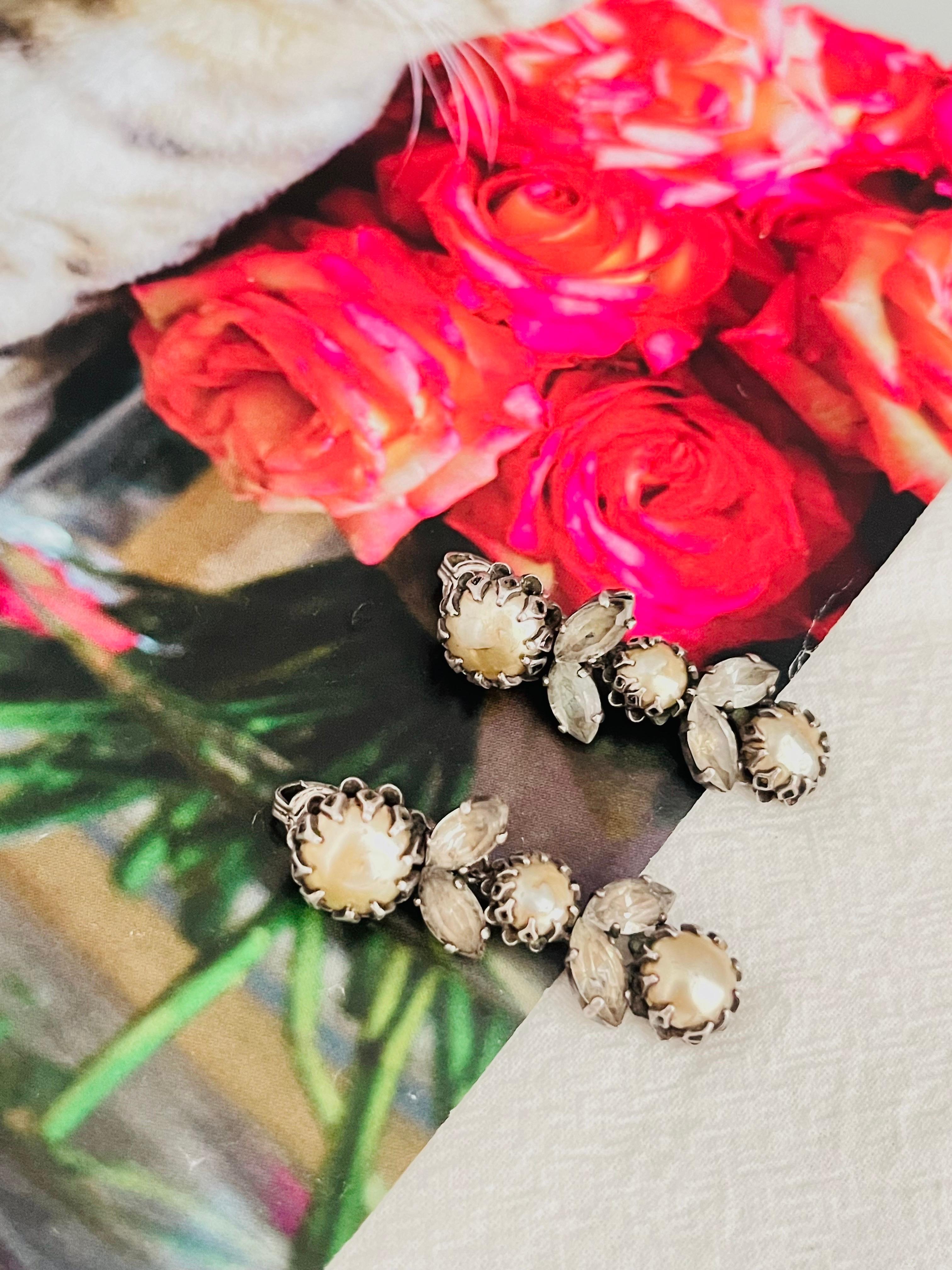 Christian Dior Mitchel Maer 1950 Pearls Crystals Flower Leaf Long Drop Earrings In Good Condition For Sale In Wokingham, England