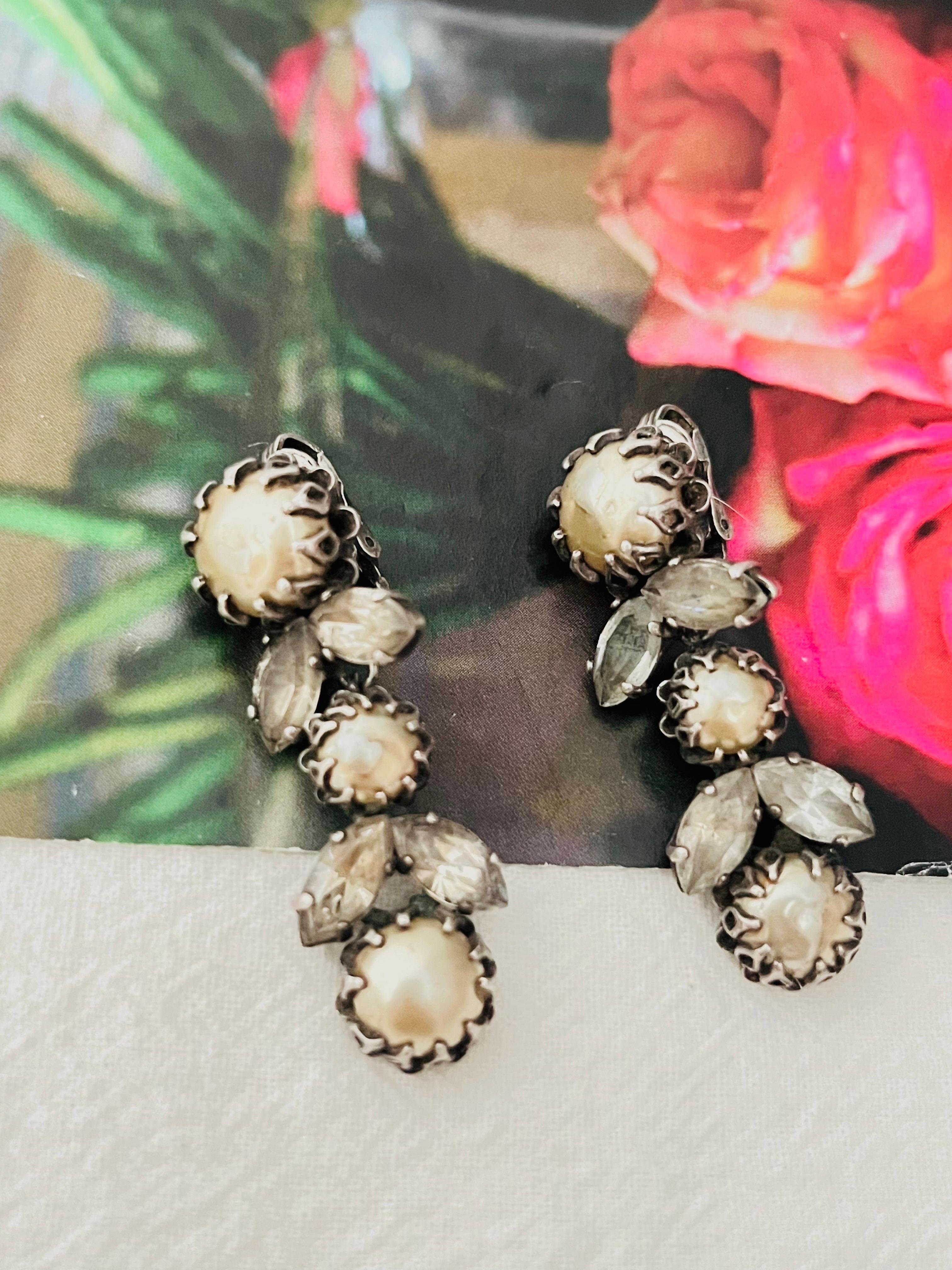 Women's or Men's Christian Dior Mitchel Maer 1950 Pearls Crystals Flower Leaf Long Drop Earrings For Sale