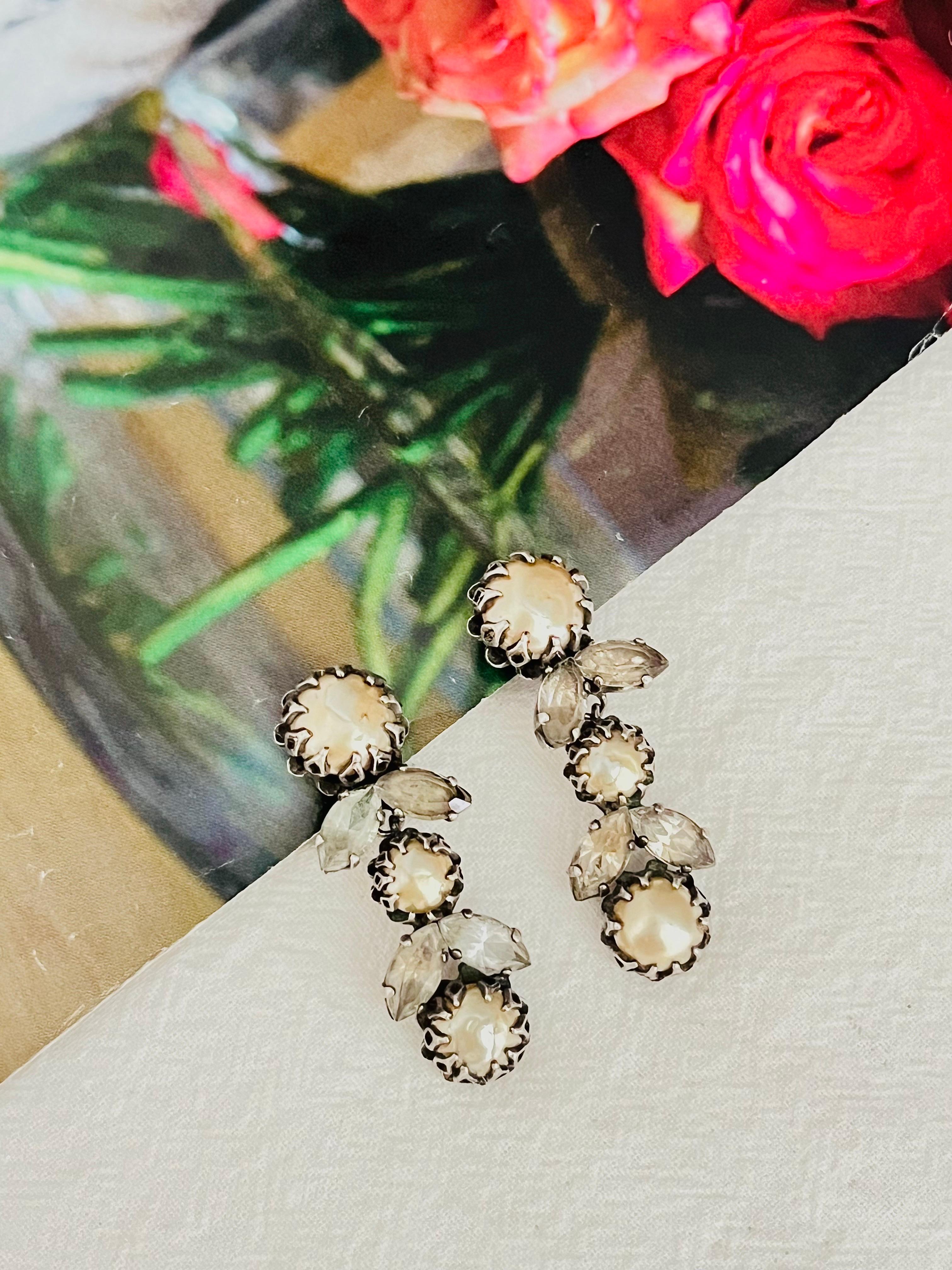 Christian Dior Mitchel Maer 1950 Pearls Crystals Flower Leaf Long Drop Earrings For Sale 1