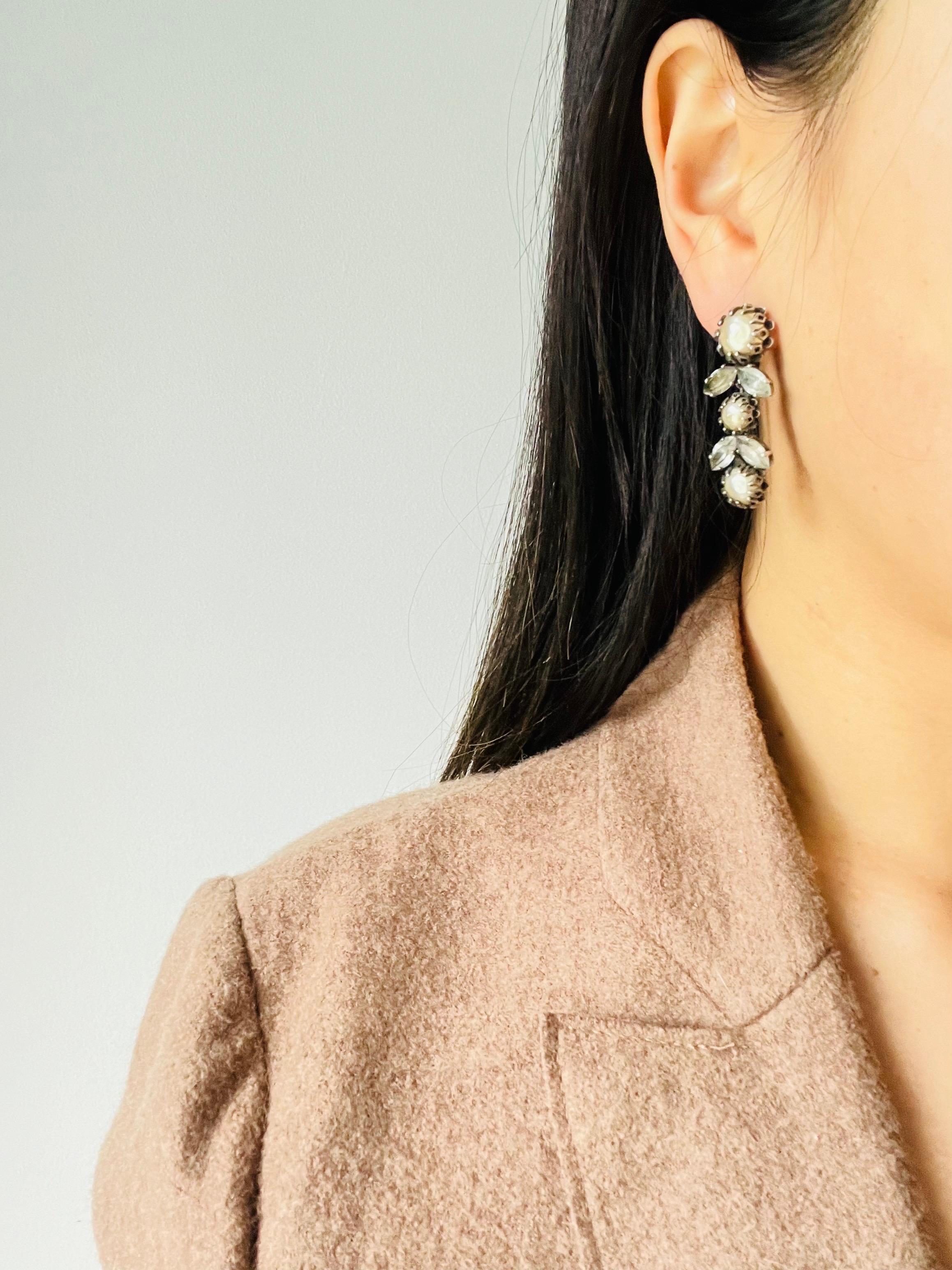 Christian Dior Mitchel Maer 1950 Pearls Crystals Flower Leaf Long Drop Earrings For Sale 2