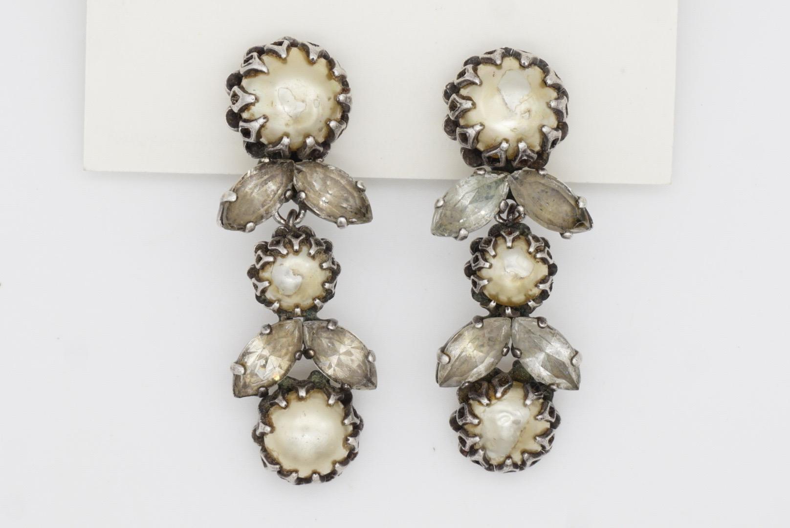 Christian Dior Mitchel Maer 1950 Pearls Crystals Flower Leaf Long Drop Earrings 3