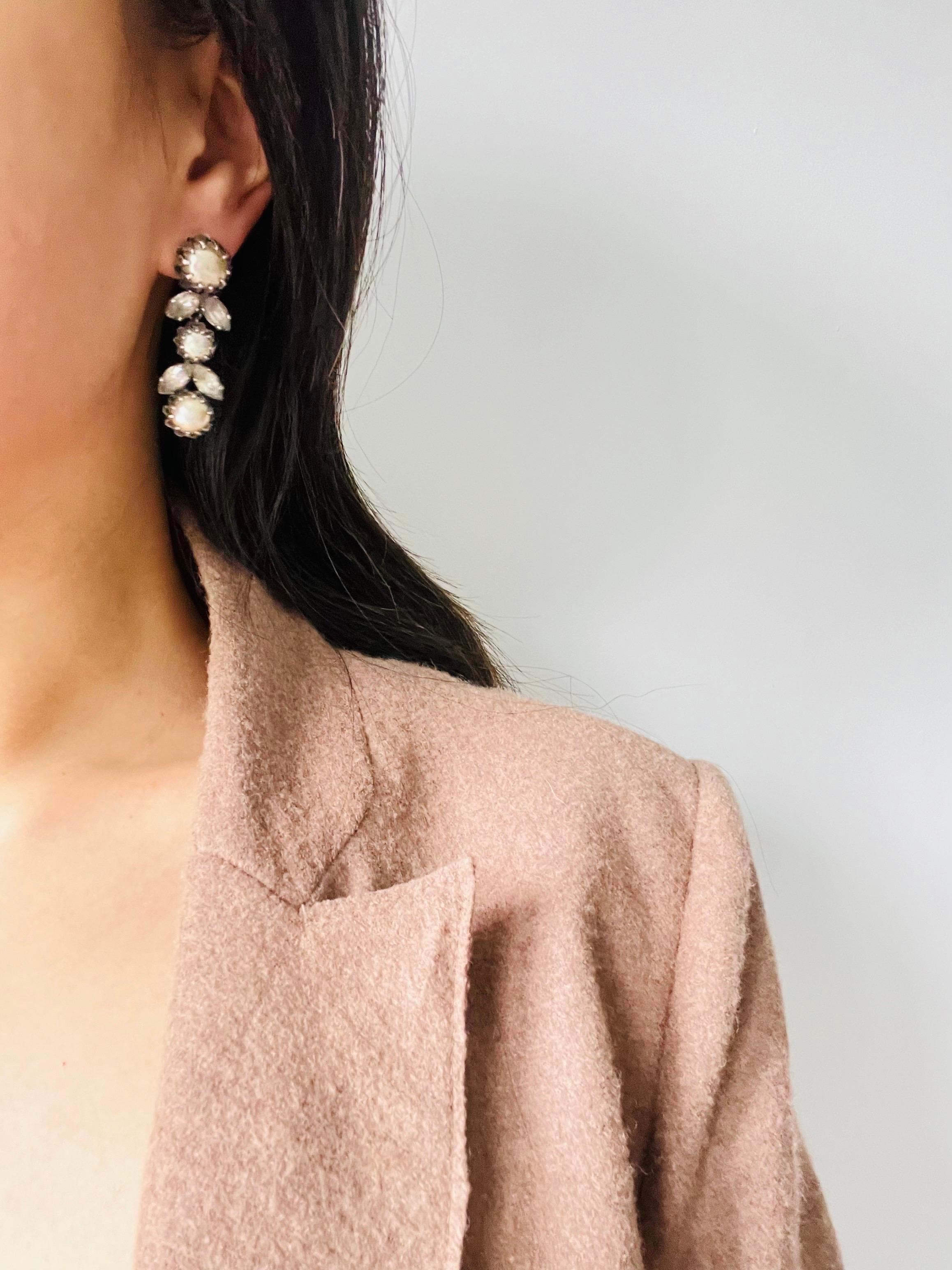 Christian Dior Mitchel Maer 1950 Pearls Crystals Flower Leaf Long Drop Earrings For Sale 3