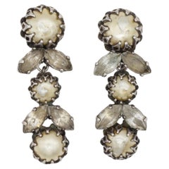 Christian Dior Mitchel Maer 1950 Pearls Crystals Flower Leaf Long Drop Earrings