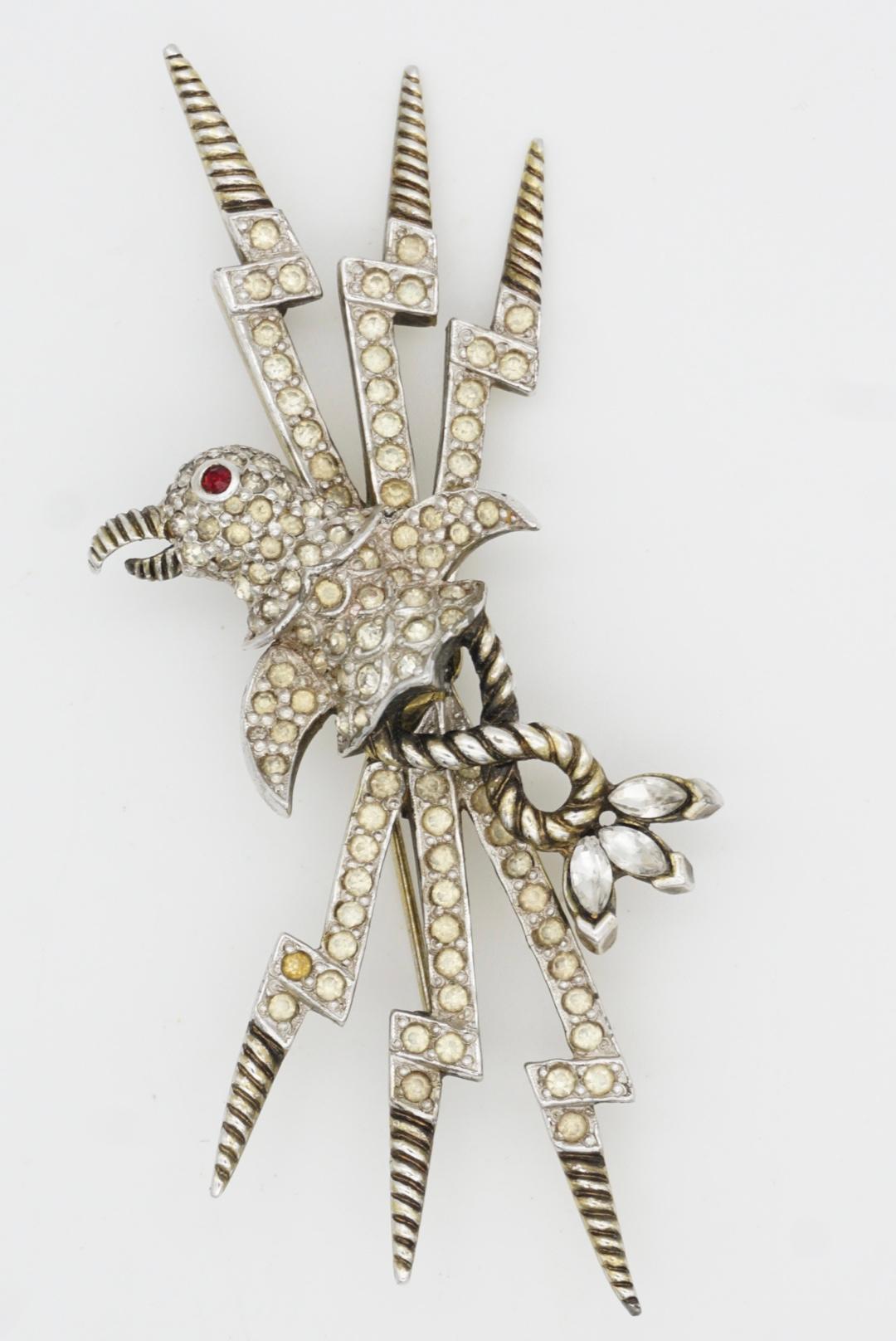 Christian Dior Mitchel Maer 1950 Red Eye Bird Penguin Crystals Lightning Brooch For Sale 3
