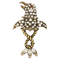 Christian Dior Mitchel Maer 1950s Bird Penguin Ruby Eye Crystals Rope Brooch