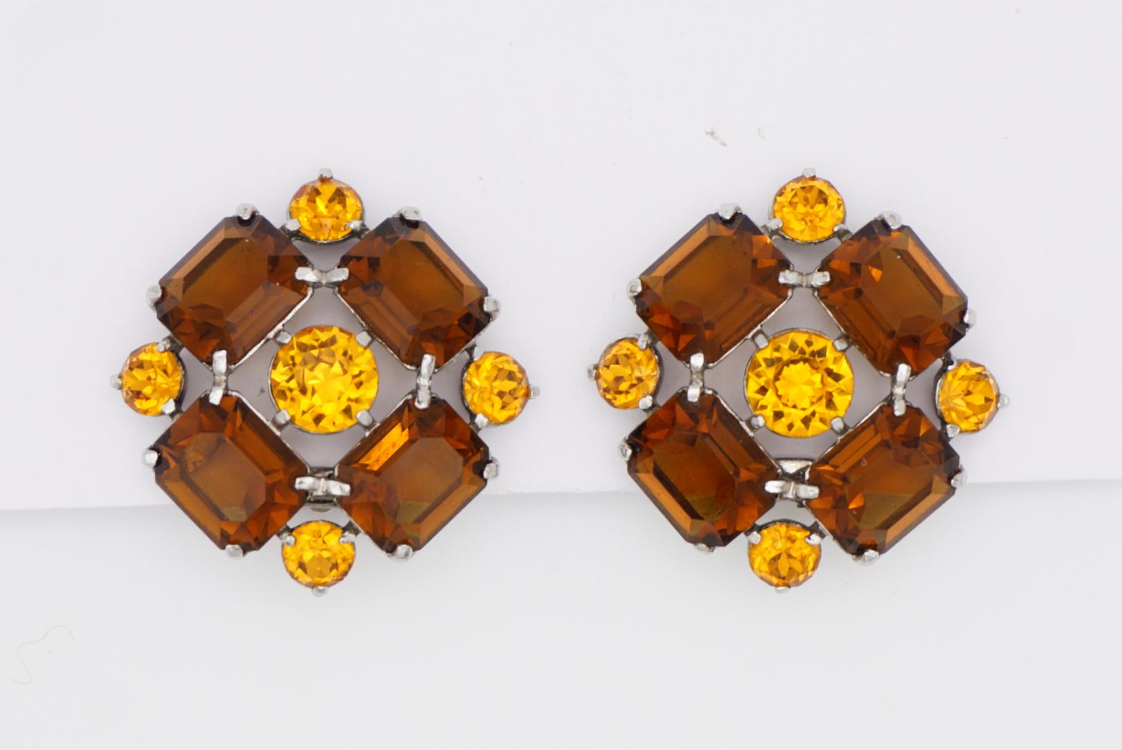 Christian Dior Mitchel Maer 1950s Citrine Amber Flower Crystals Clip Earrings For Sale 5