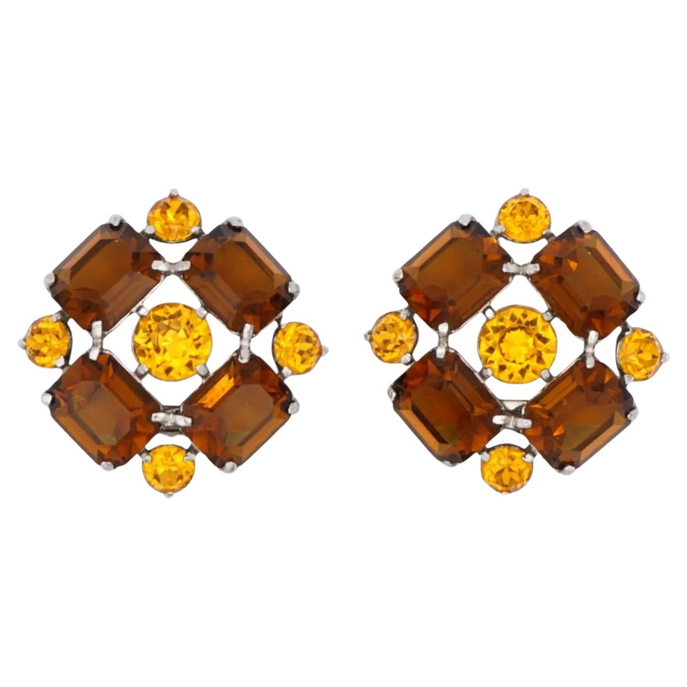 Christian Dior by Mitchel Maer 1950s Vintage Citrine Amber Flower Crystals Clip Earrings, Silver Tone

Mitchel Maer was a prominent American designer who lived in England during the 1950s. During this time, he created jewellery under his own name