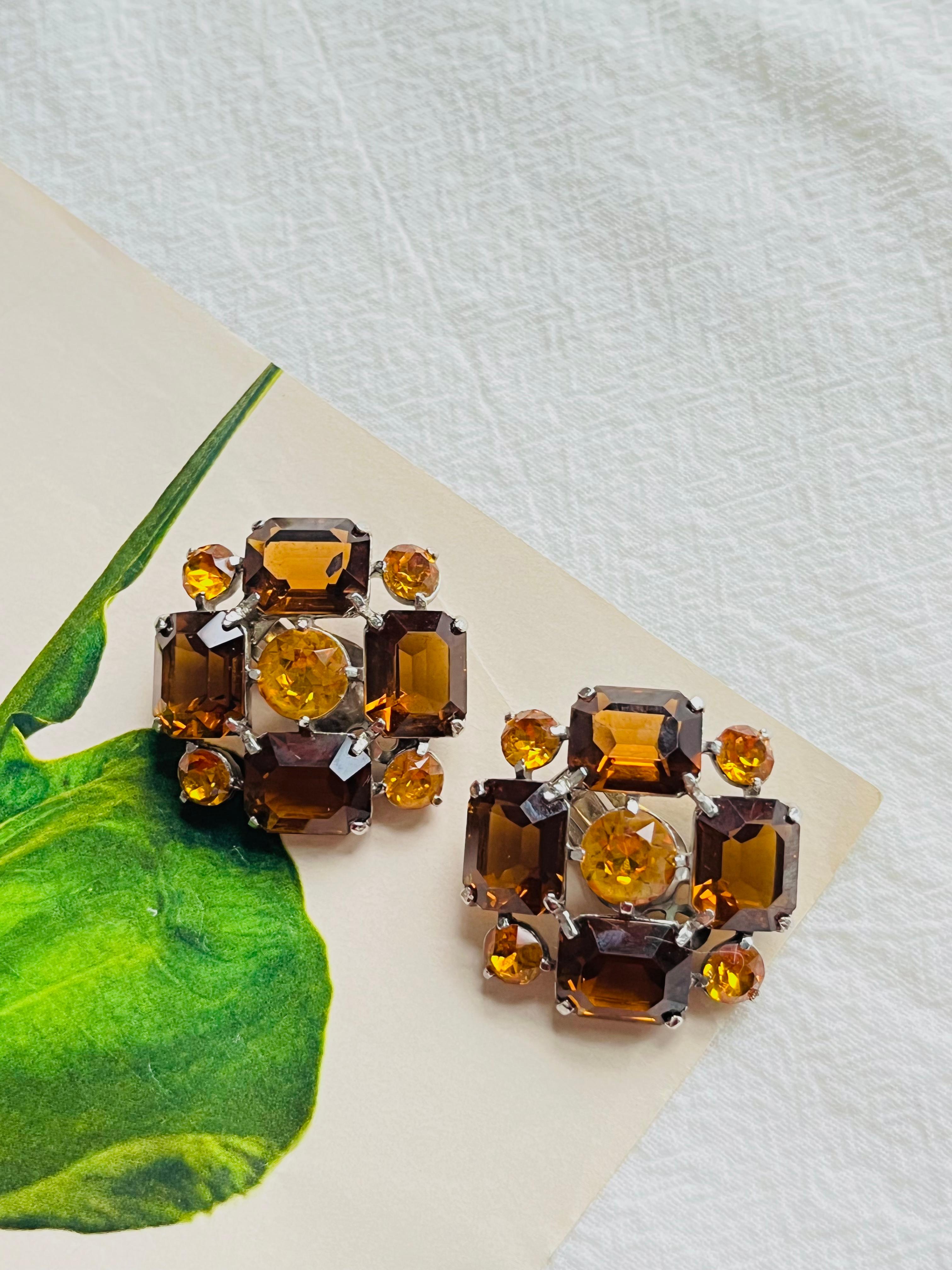 Art Deco Christian Dior Mitchel Maer 1950s Citrine Amber Flower Crystals Clip Earrings