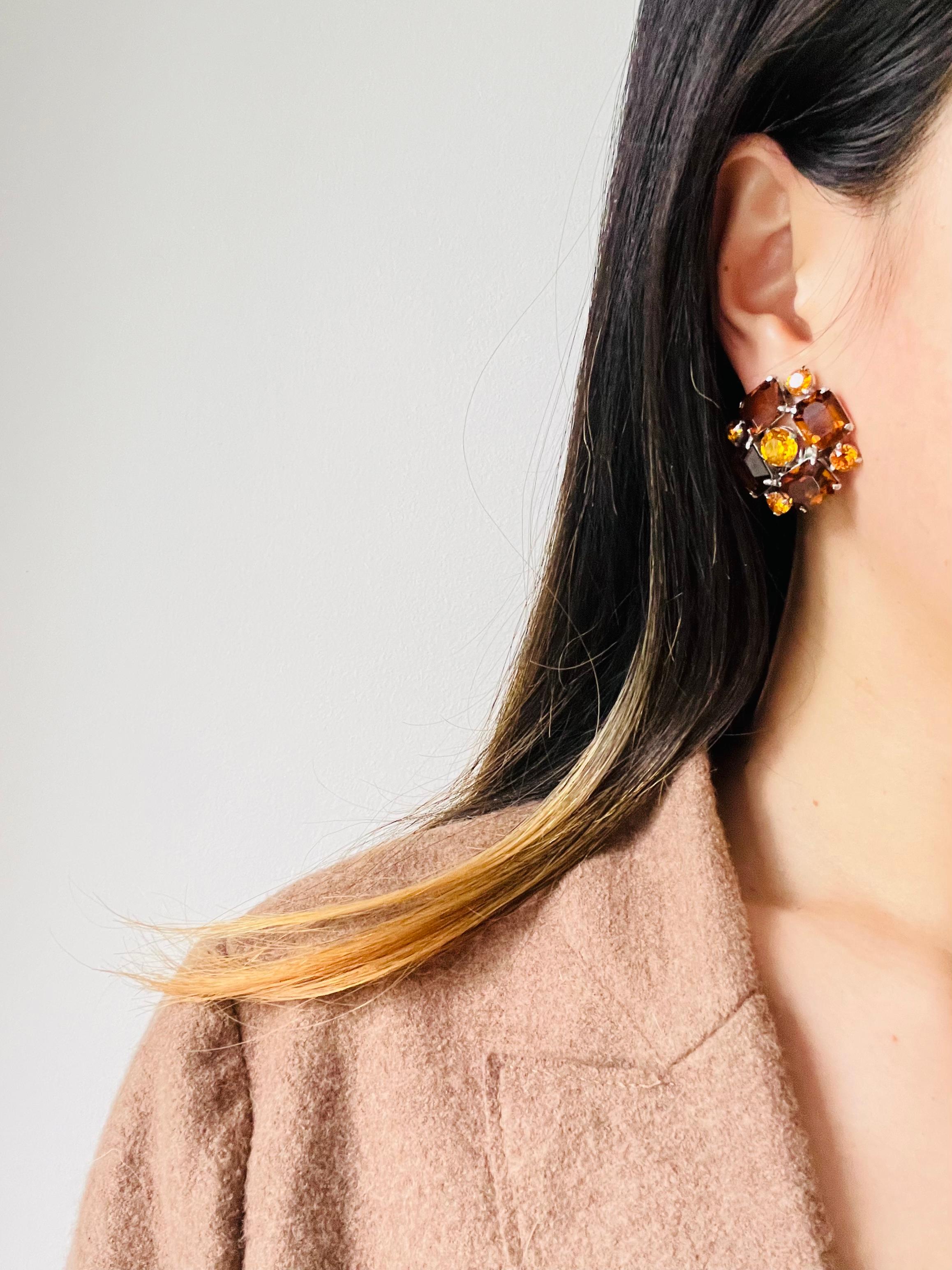 Christian Dior Mitchel Maer 1950s Citrine Amber Flower Crystals Clip Earrings For Sale 2