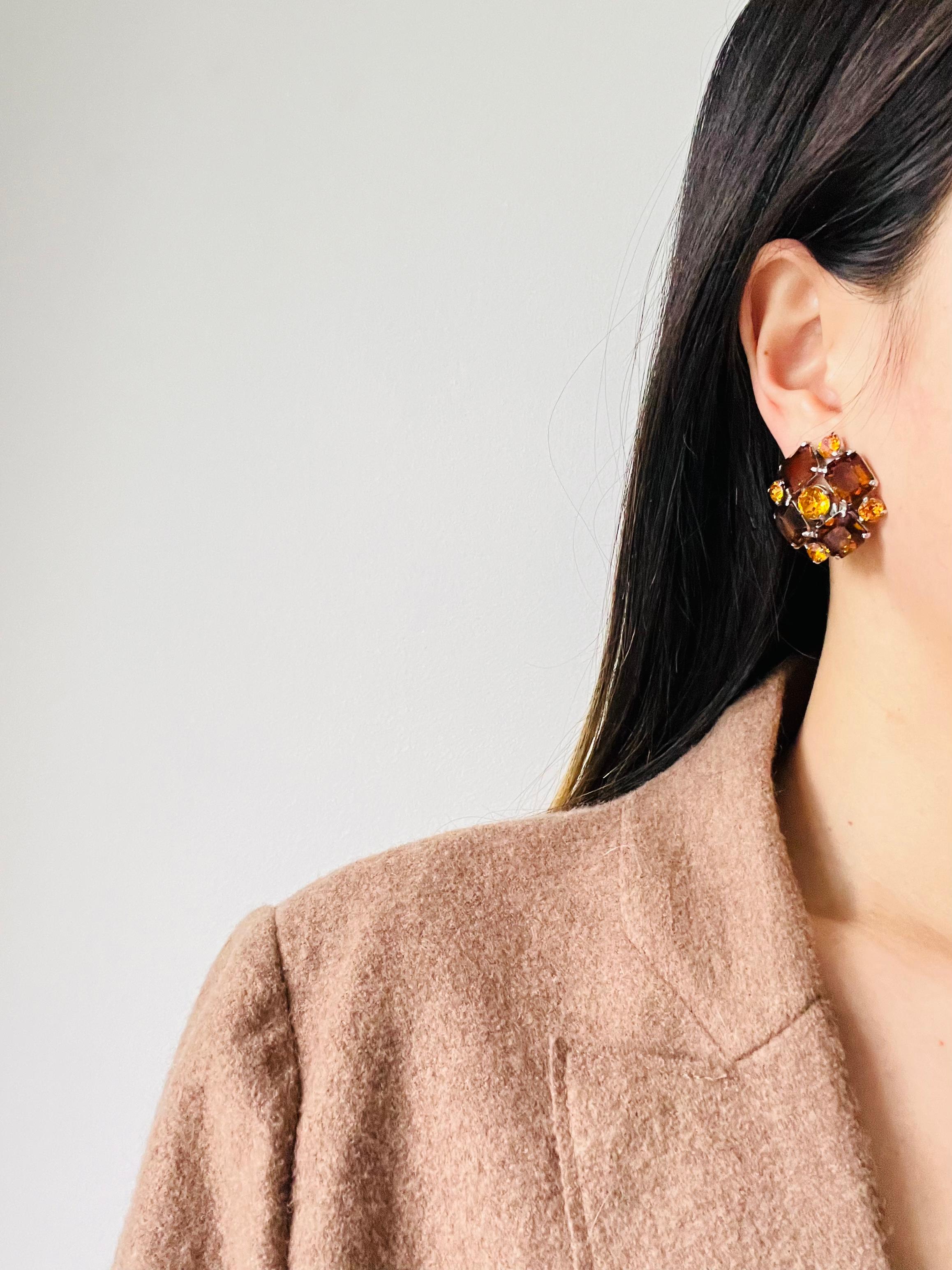 Christian Dior Mitchel Maer 1950s Citrine Amber Flower Crystals Clip Earrings For Sale 3