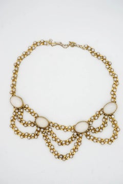 Christian Dior Mitchel Maer 1950s Oval Moonstone Milky Cabochon Layers Necklace