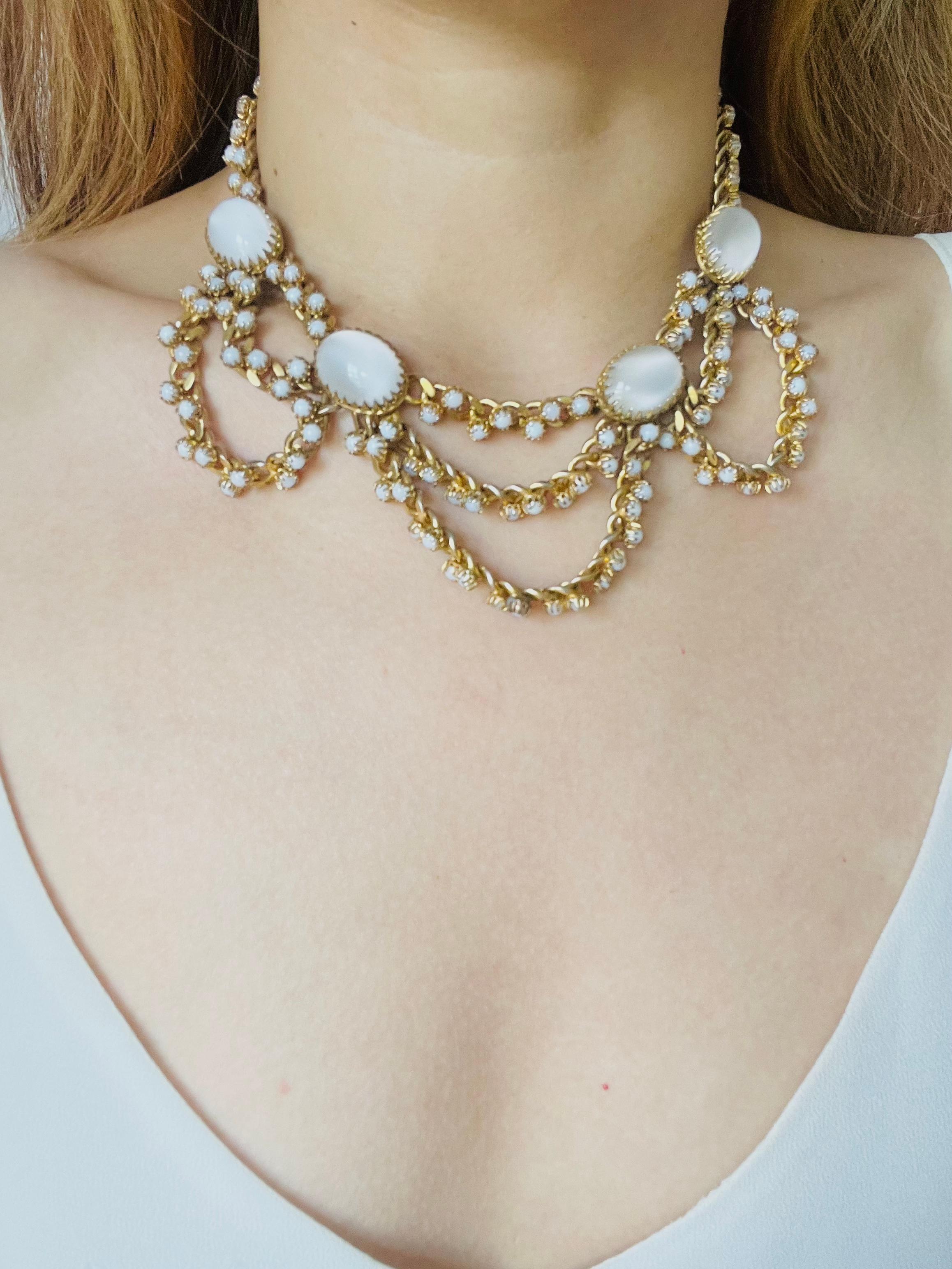 Christian Dior Mitchel Maer 1950s Oval Moonstone Milky Cabochon Layers Necklace For Sale 2