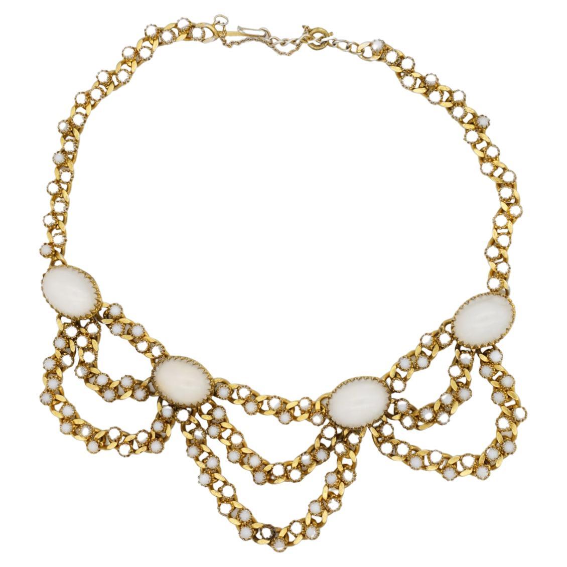 Christian Dior Mitchel Maer 1950s Oval Moonstone Milky Cabochon Layers Necklace For Sale