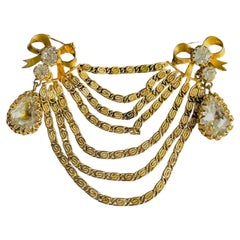 Christian Dior Mitchel Maer 1951 Vintage Gold Bow Crystals Swag Tear Drop Brooch