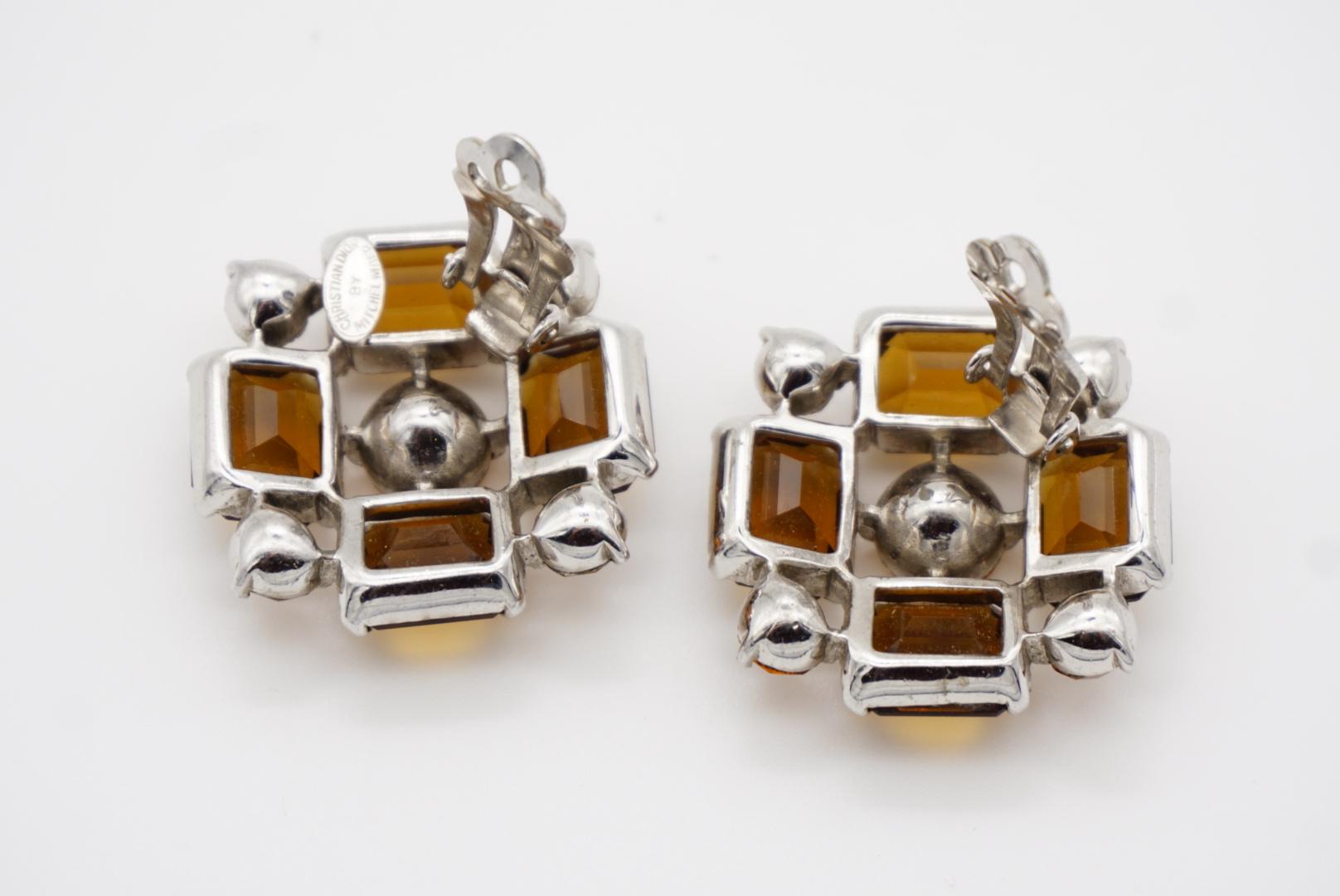 Christian Dior Mitchel Maer Citrine Amber Flower Crystals Silver Clip Earrings  For Sale 9
