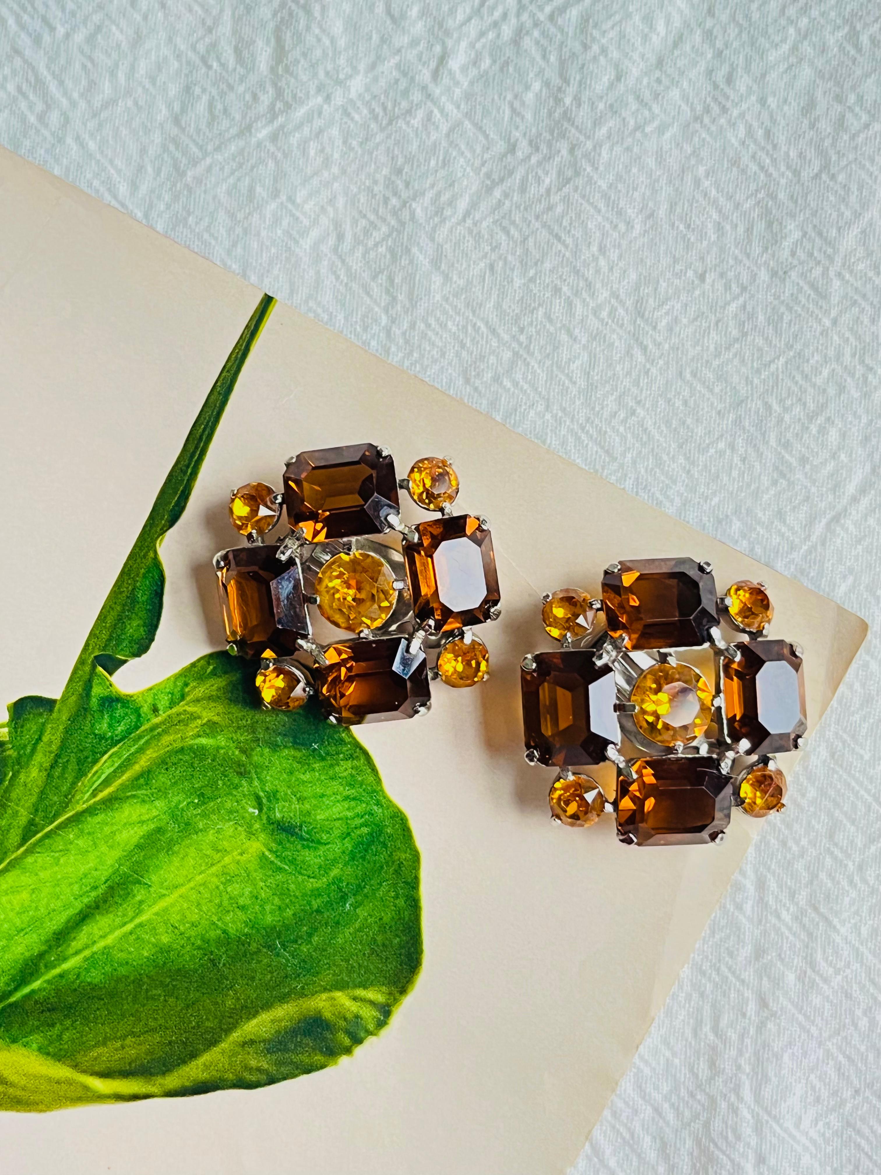 Art Deco Christian Dior Mitchel Maer Citrine Amber Flower Crystals Silver Clip Earrings  For Sale