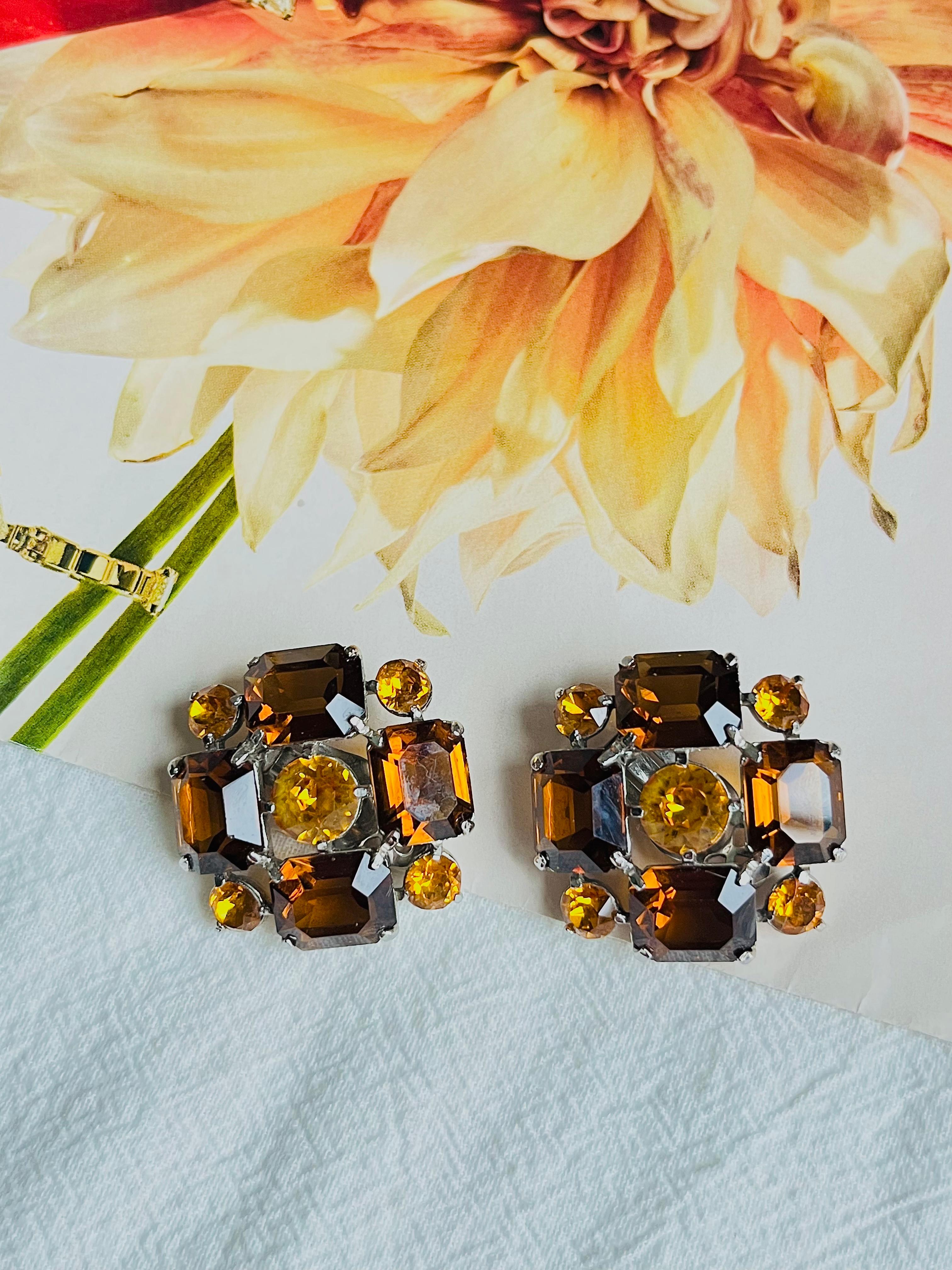 Christian Dior Mitchel Maer Citrine Amber Flower Crystals Silver Clip Earrings  In Excellent Condition For Sale In Wokingham, England