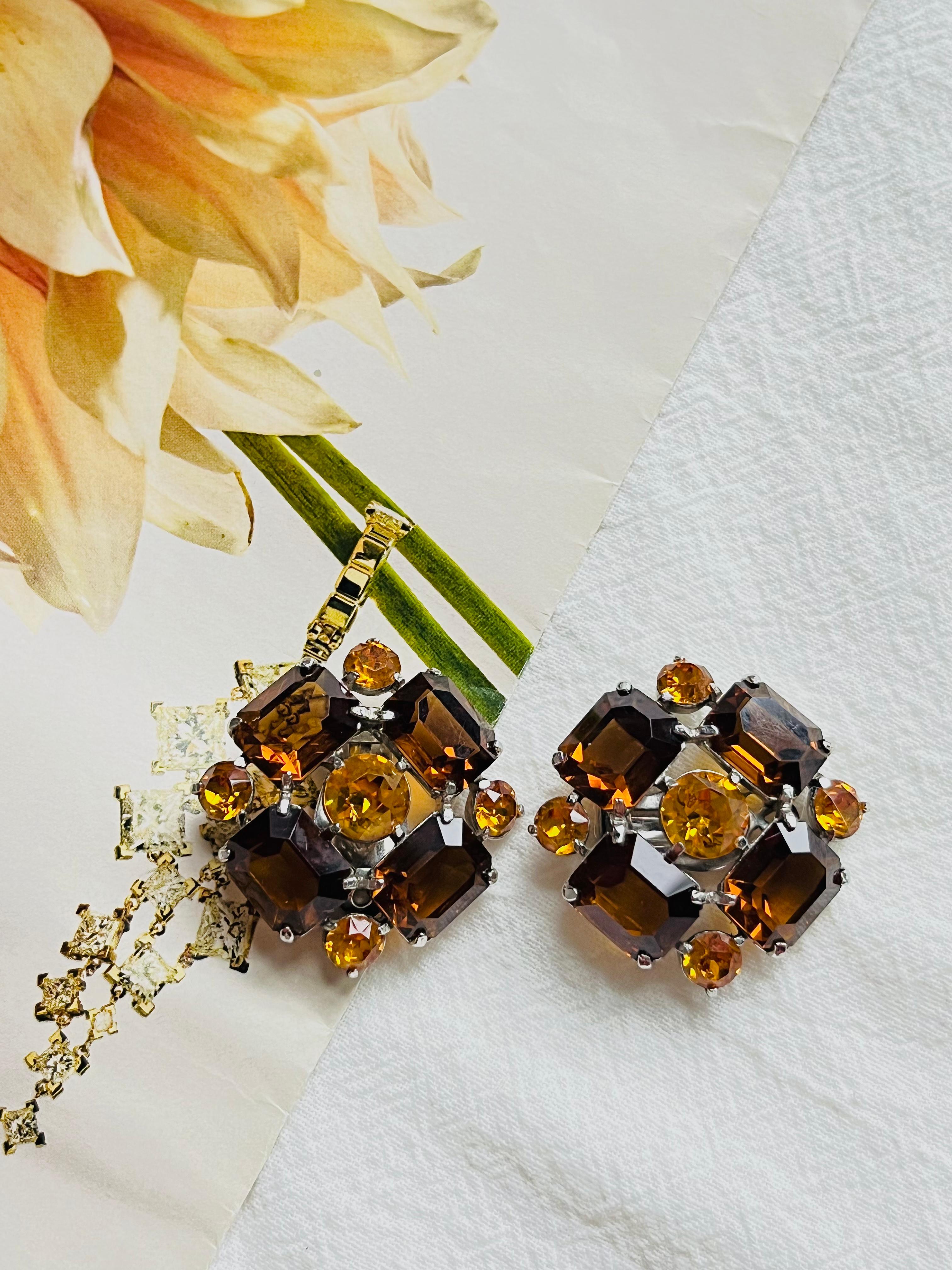 Women's or Men's Christian Dior Mitchel Maer Citrine Amber Flower Crystals Silver Clip Earrings  For Sale