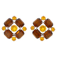 Vintage Christian Dior Mitchel Maer Citrine Amber Flower Crystals Silver Clip Earrings 