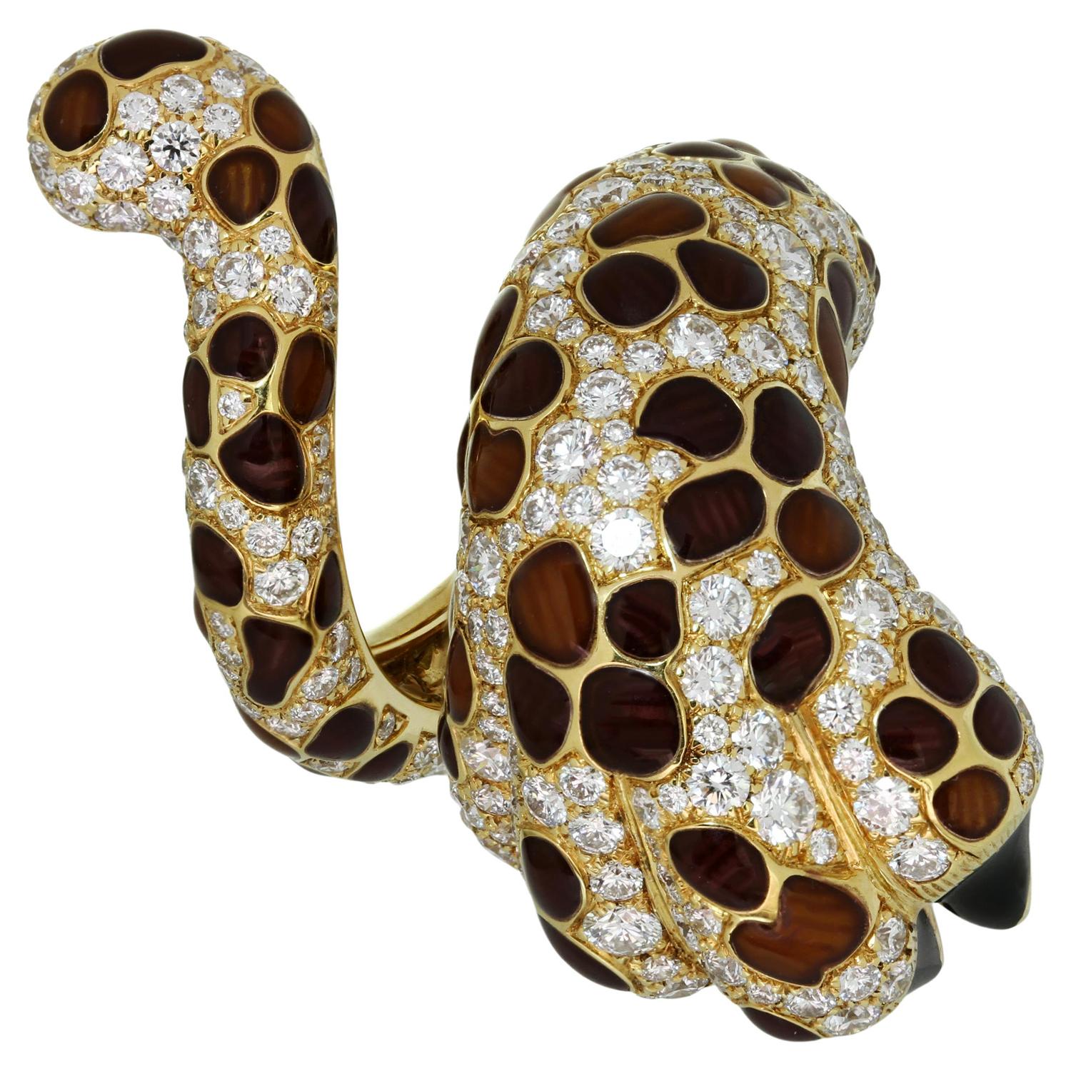 Women's CHRISTIAN DIOR Mitzah Leopard Paw Diamond Enamel Lacquer Yellow Gold Ring For Sale