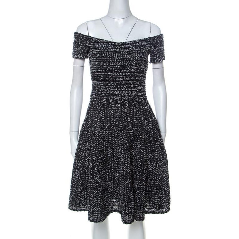 Christian Dior Monochrome Tweed Off Shoulder Fit and Flare Dress S For ...