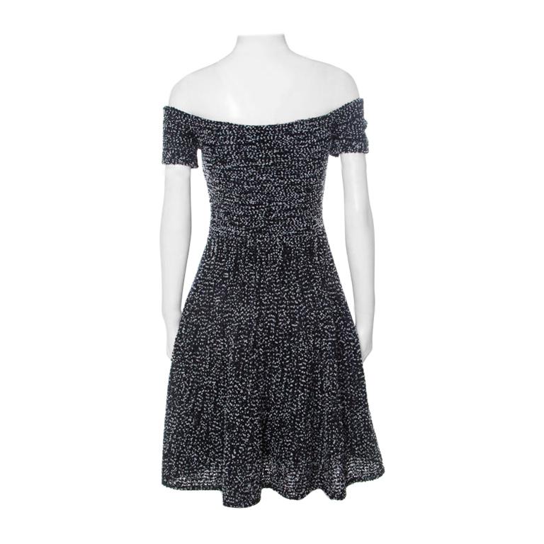 Christian Dior Monochrome Tweed Off Shoulder Fit and Flare Dress S
