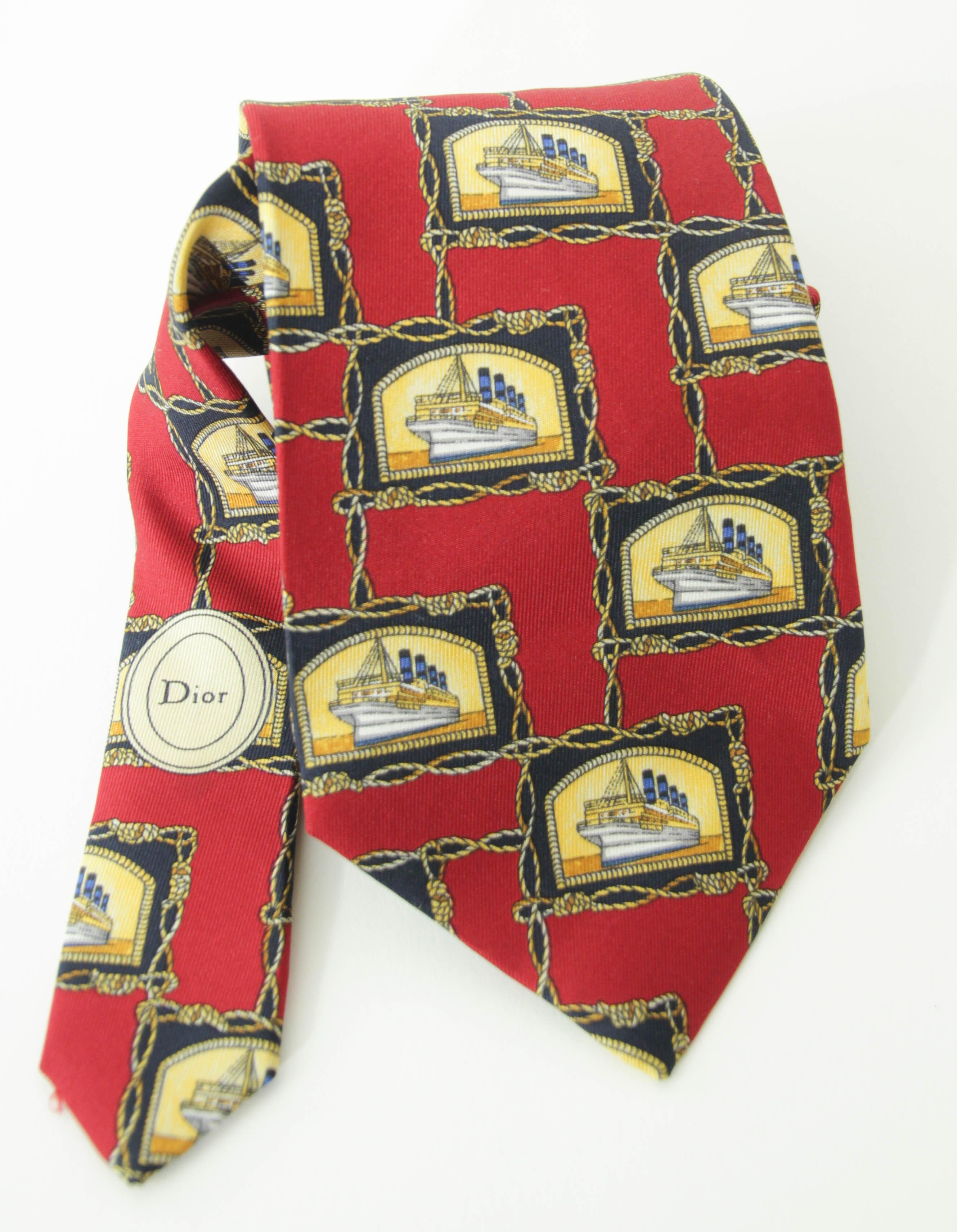 CHRISTIAN DIOR MONSIEUR Red Silk Neck Tie with the France Ship Design For Sale 6