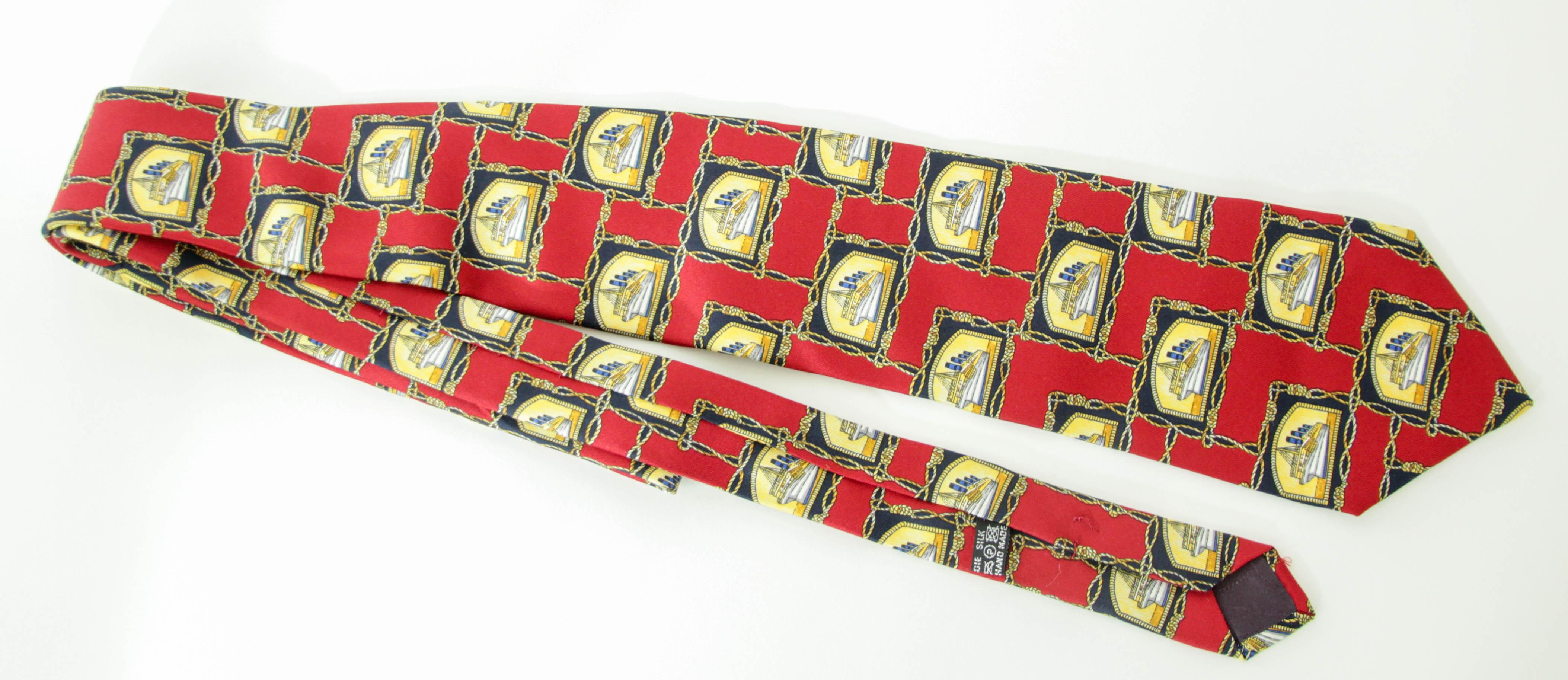 CHRISTIAN DIOR MONSIEUR Red Silk Neck Tie with the France Ship Design For Sale 7