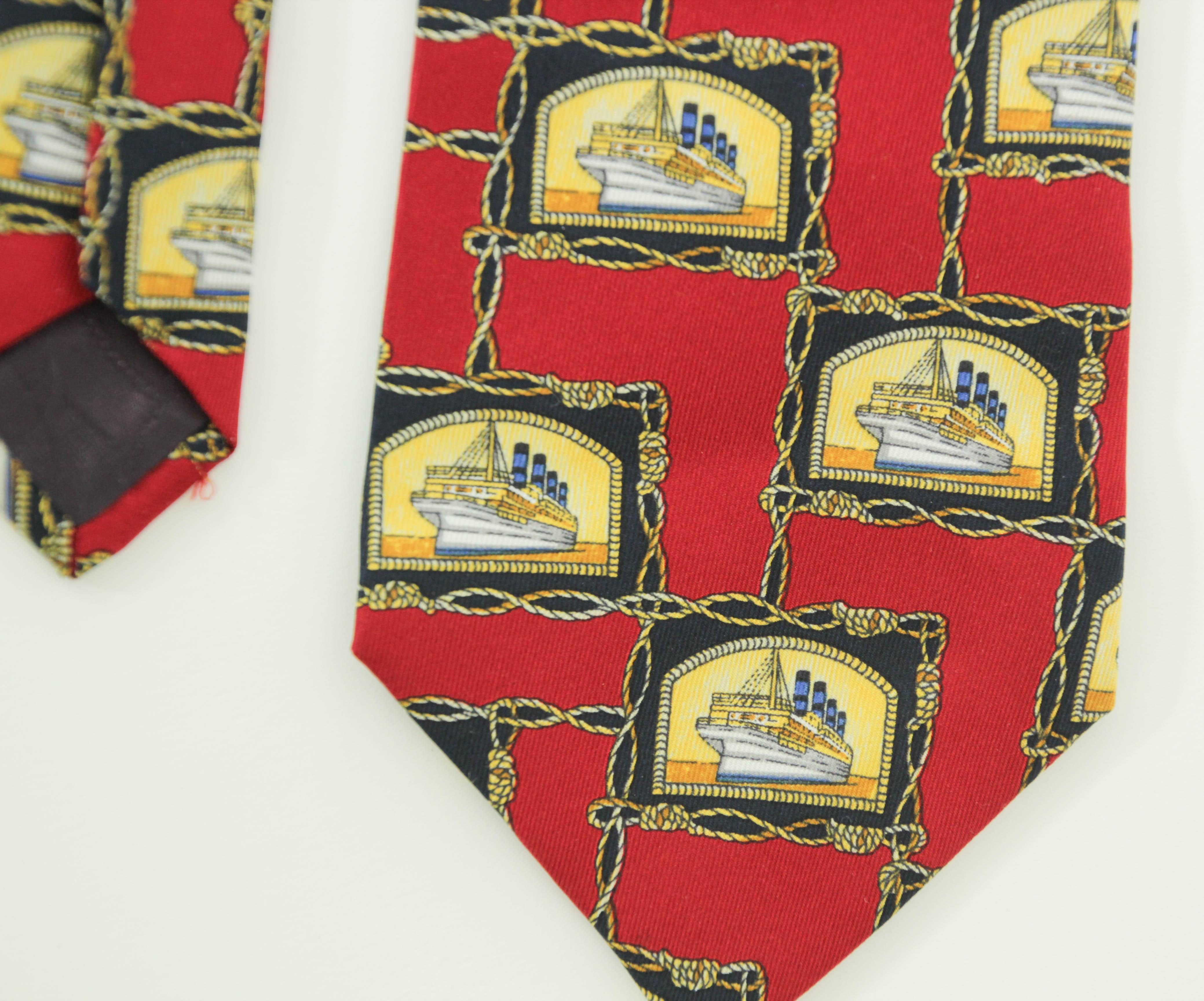 CHRISTIAN DIOR MONSIEUR Red Silk Neck Tie with the France Ship Design In Good Condition For Sale In North Hollywood, CA