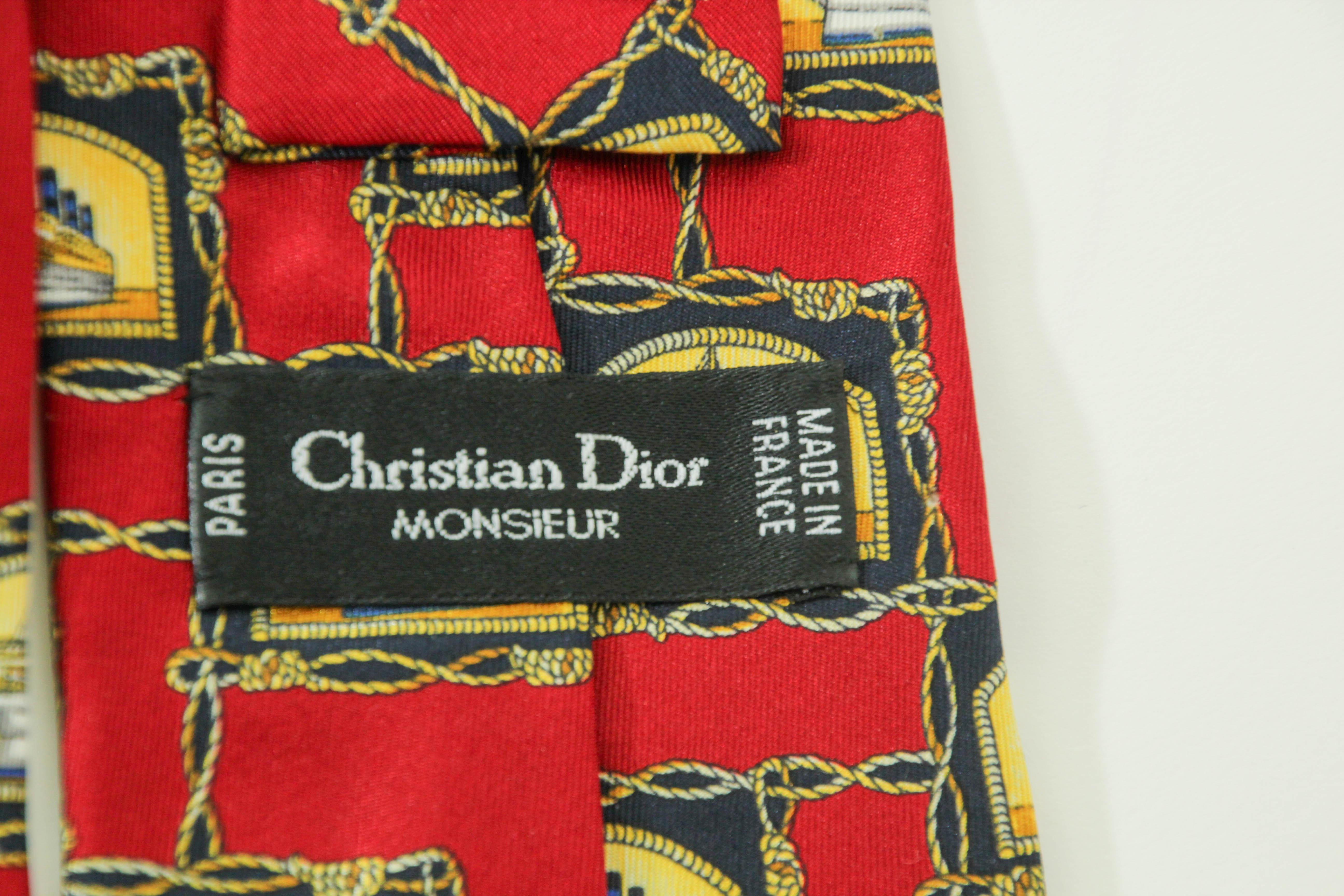 Men's CHRISTIAN DIOR MONSIEUR Red Silk Neck Tie with the France Ship Design For Sale