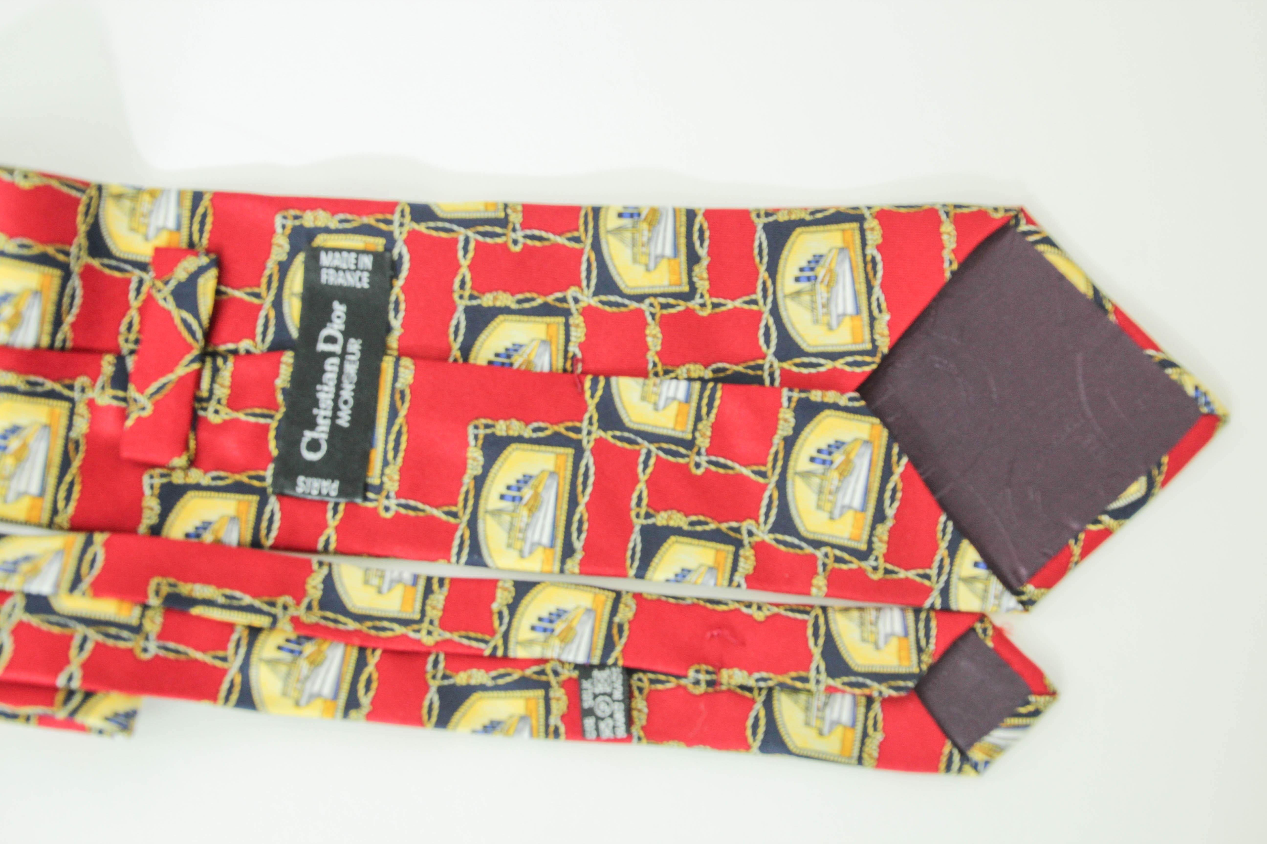 CHRISTIAN DIOR MONSIEUR Red Silk Neck Tie with the France Ship Design For Sale 1