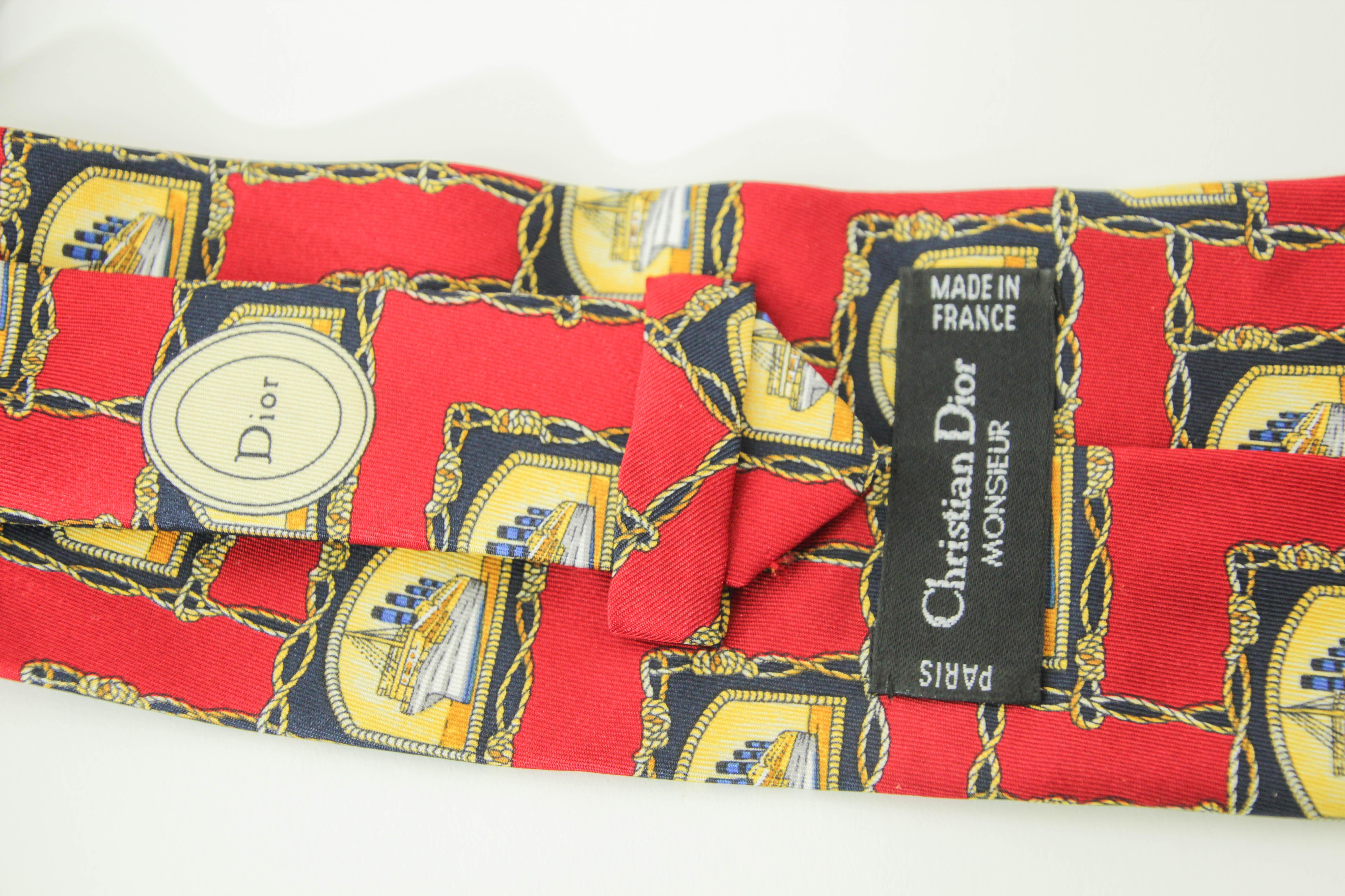 CHRISTIAN DIOR MONSIEUR Red Silk Neck Tie with the France Ship Design For Sale 2