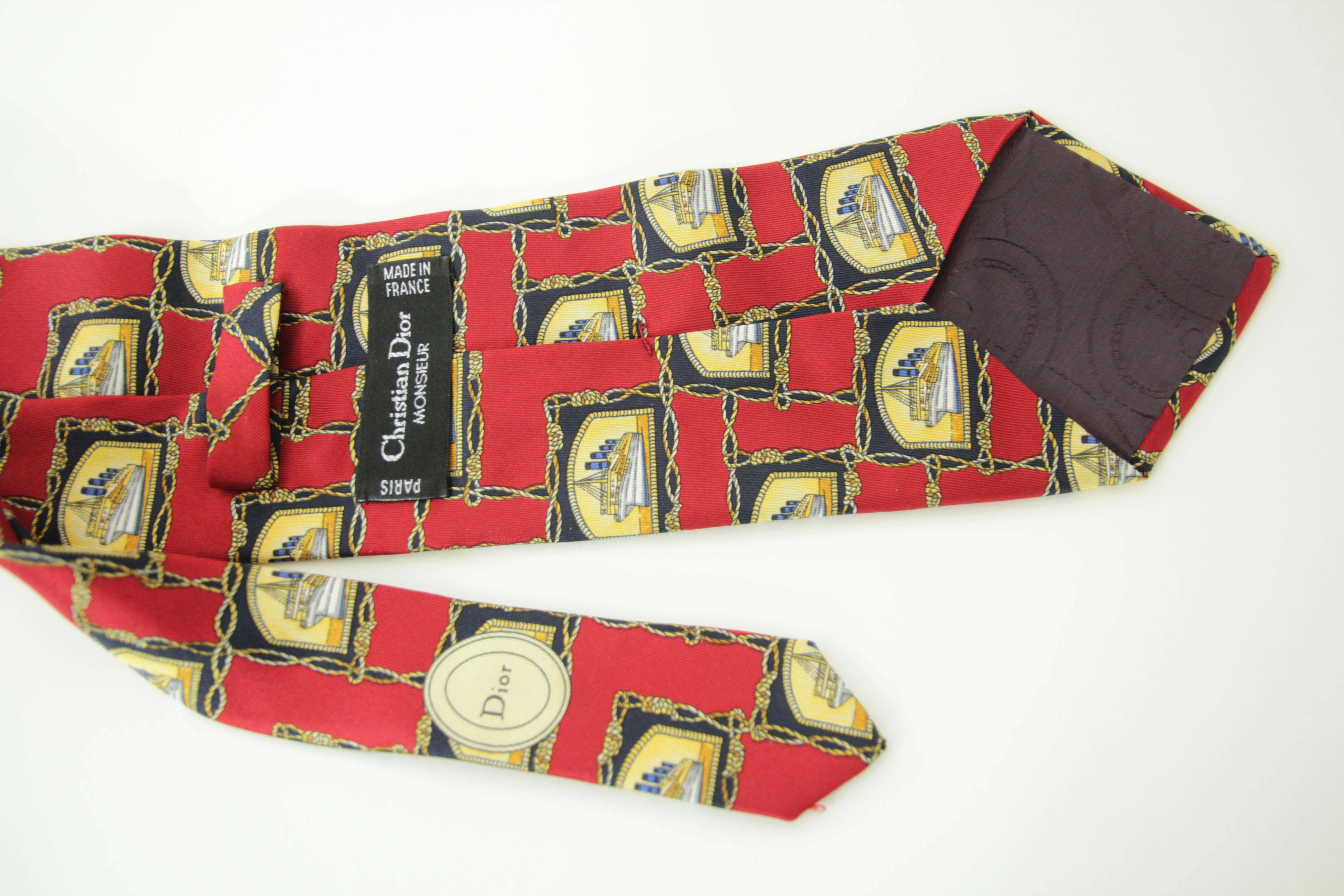 CHRISTIAN DIOR MONSIEUR Red Silk Neck Tie with the France Ship Design For Sale 3