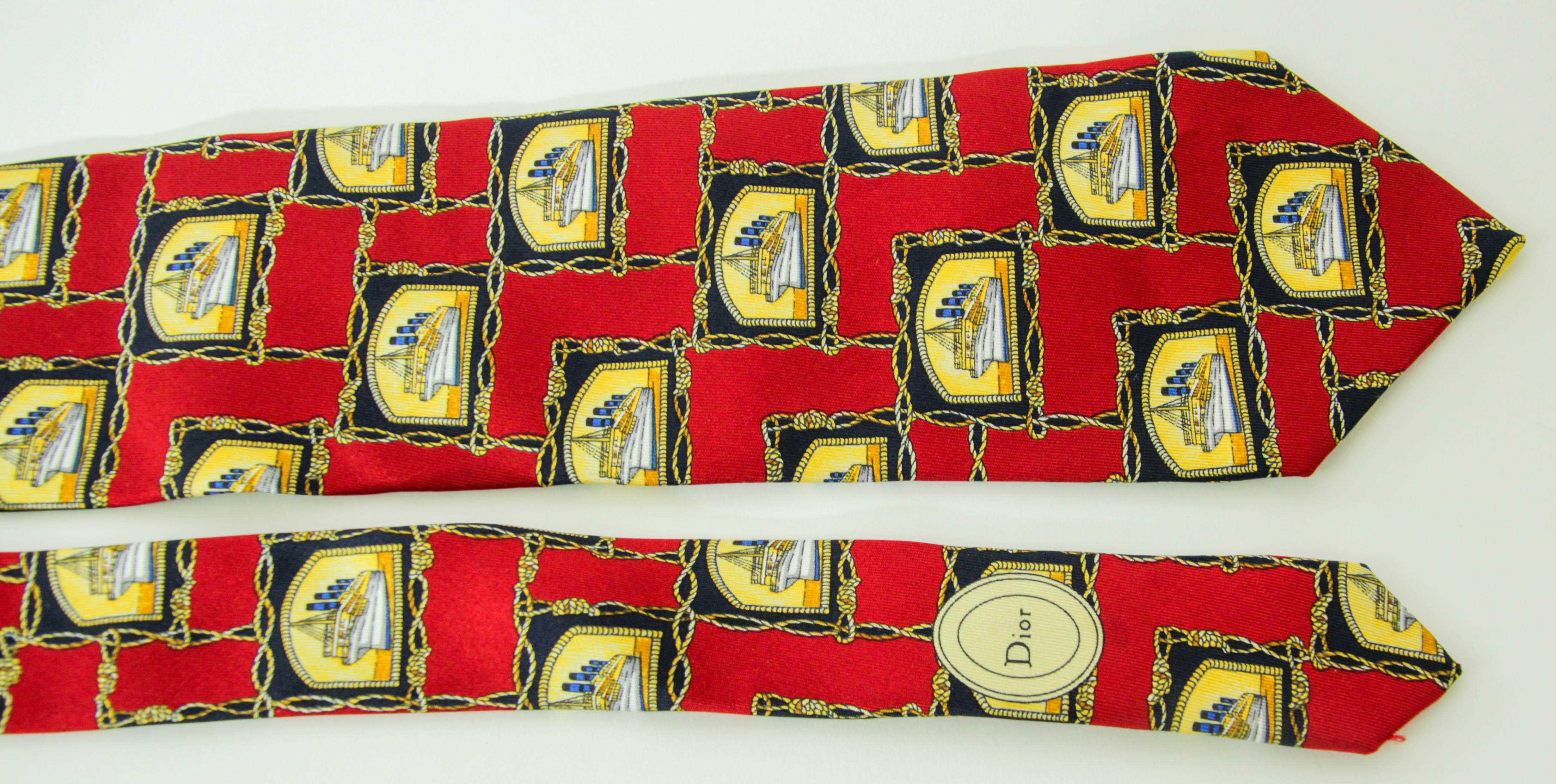 CHRISTIAN DIOR MONSIEUR Red Silk Neck Tie with the France Ship Design For Sale 4