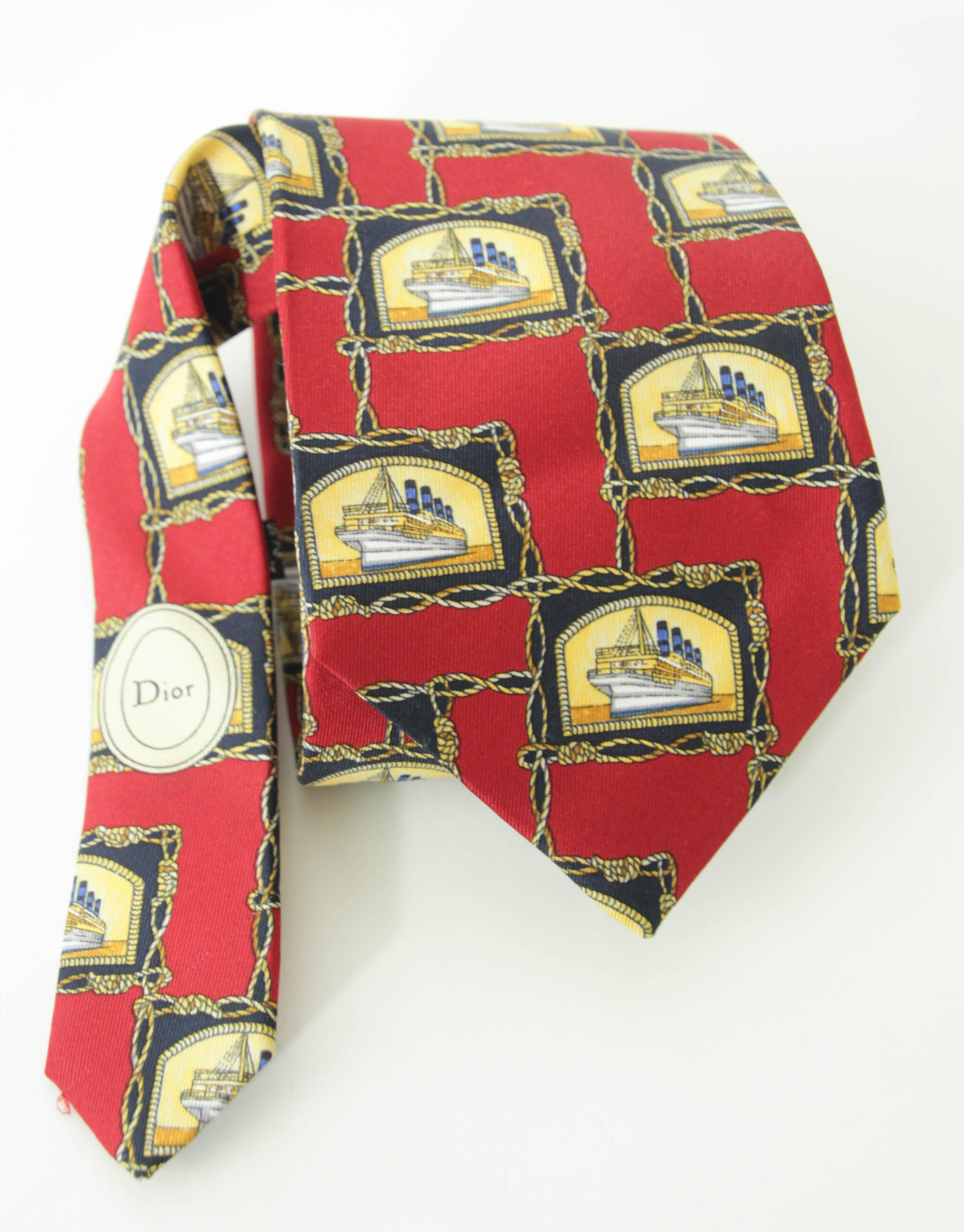 CHRISTIAN DIOR MONSIEUR Red Silk Neck Tie with the France Ship Design For Sale 5