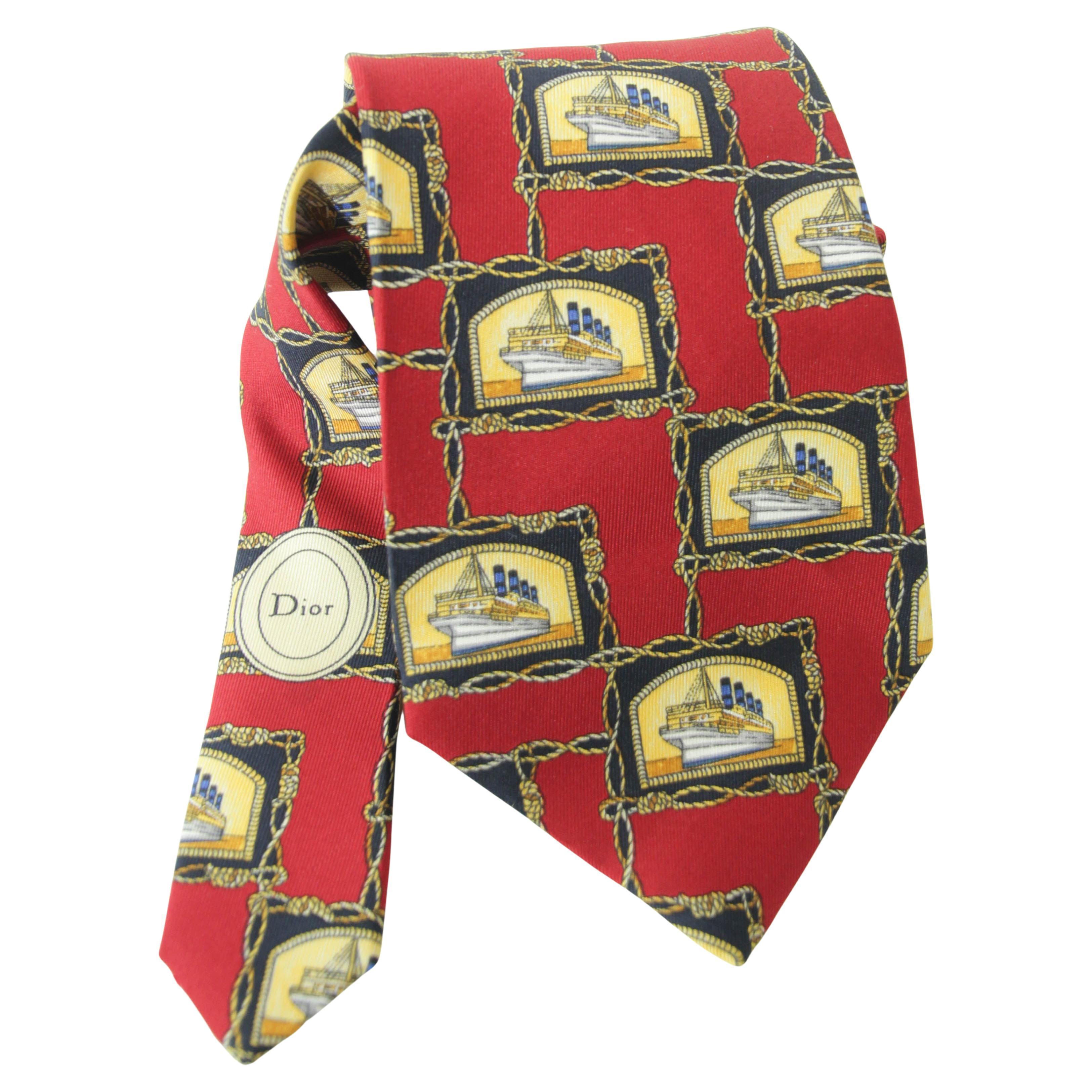 CHRISTIAN DIOR MONSIEUR Red Silk Neck Tie with the France Ship Design For Sale
